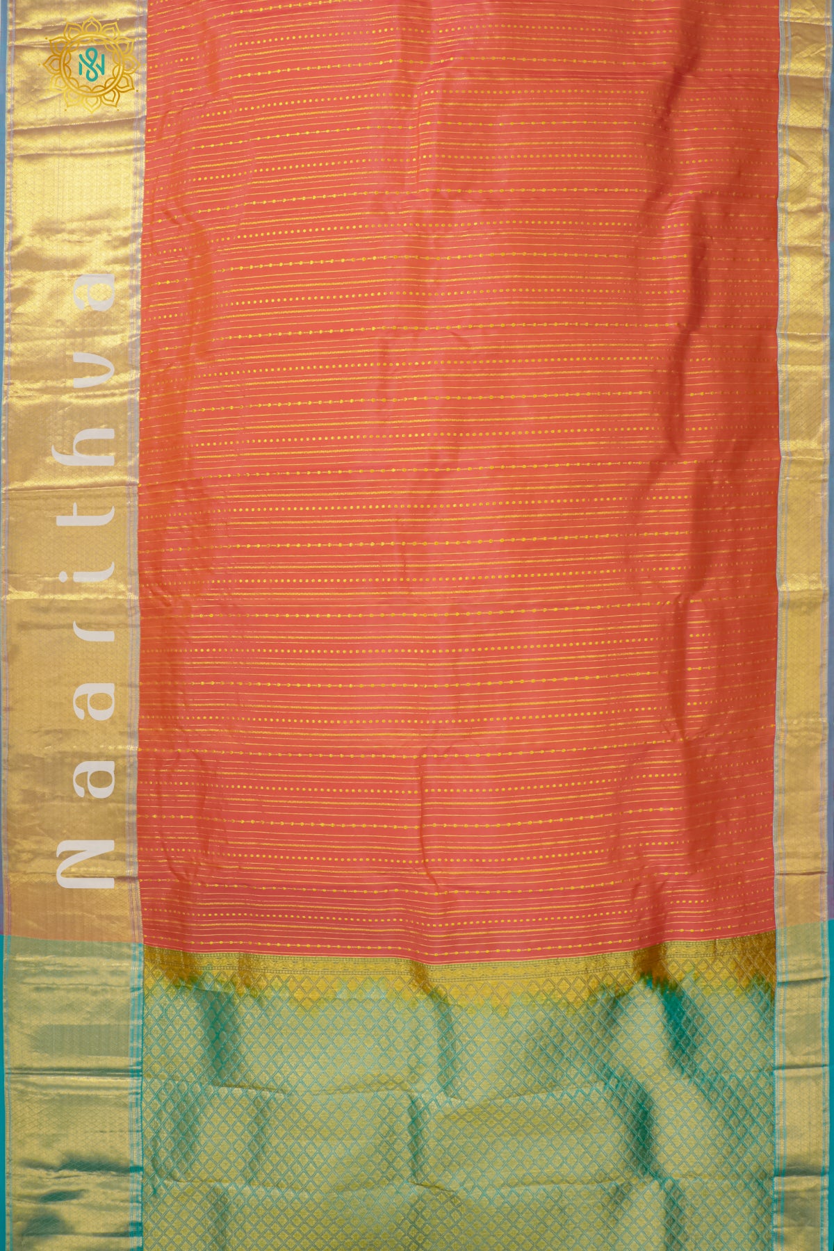 REDDISH ORANGE WITH CYAN GREEN - KANJIVARAM PURE MIX