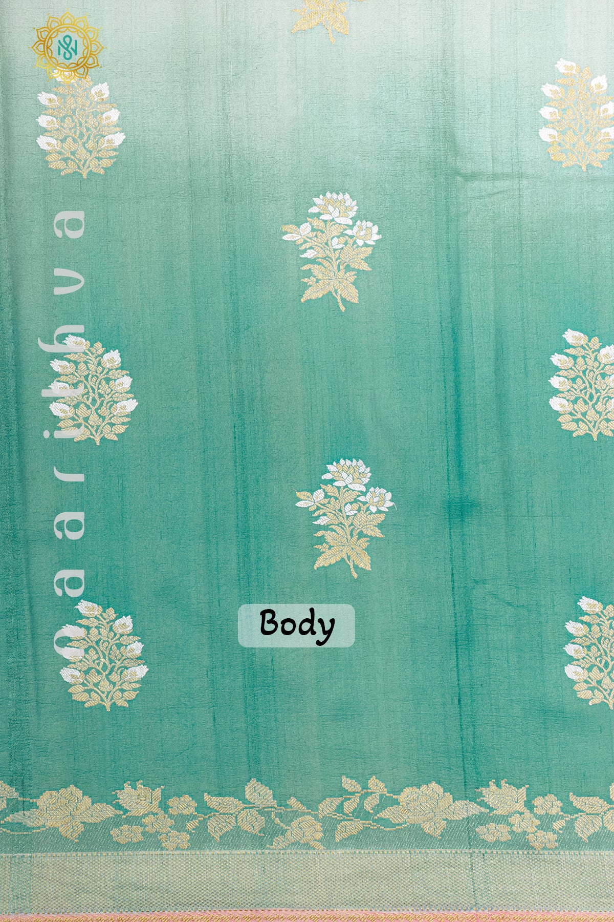 DUAL SHADE OF AQUA GREEN WITH PEACH - PURE HAND PAINTED TUSSAR GEORGETTE