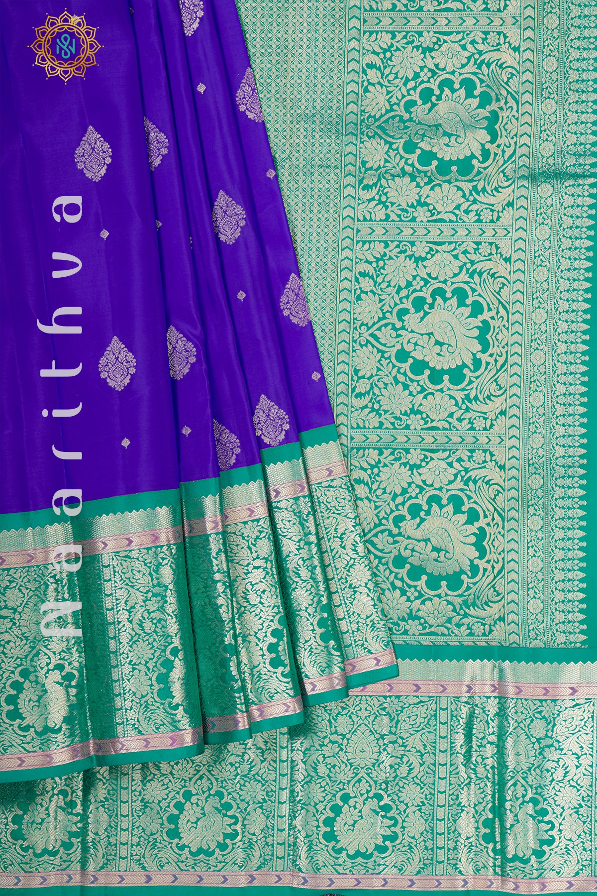 ROYAL BLUE WITH CYAN GREEN - PURE KANJIVARAM SILK