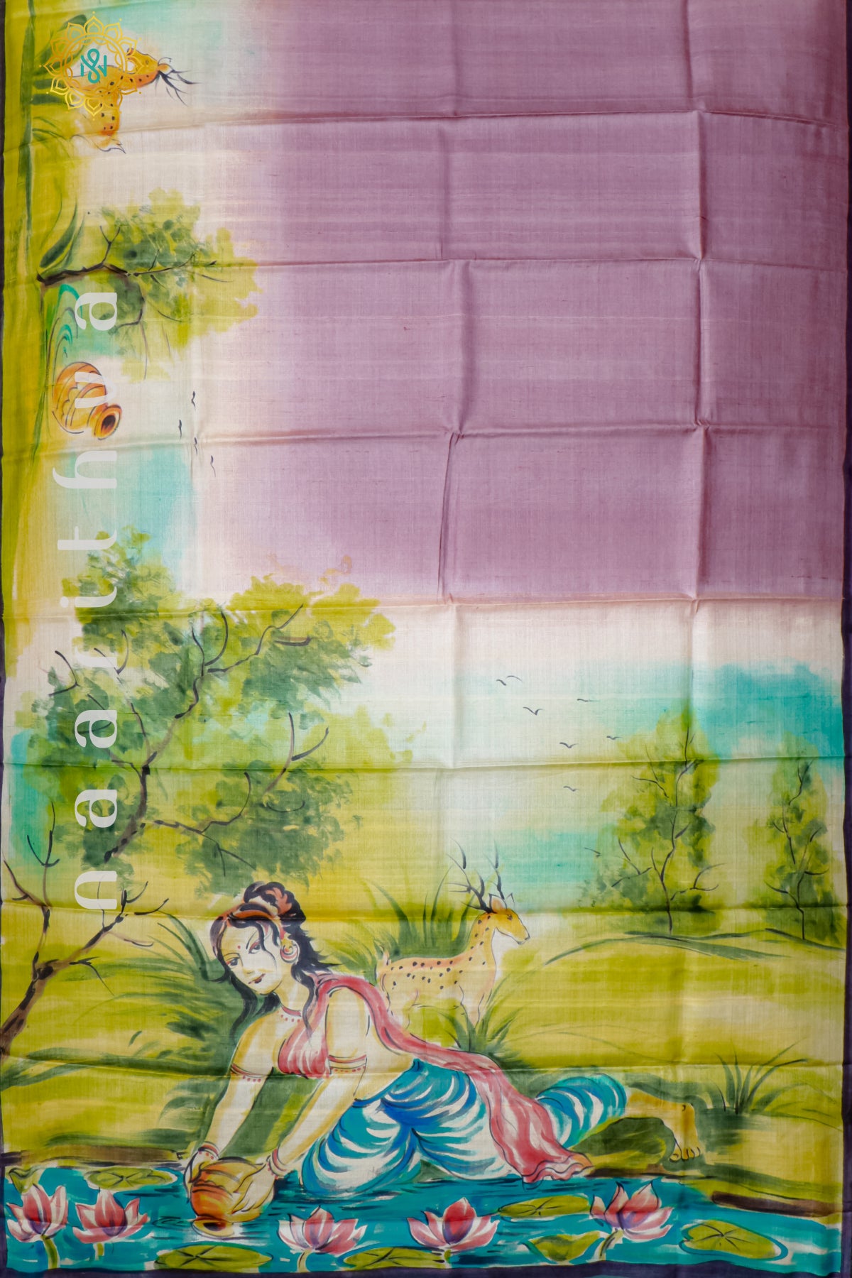 PINK WITH BLUE - PURE TUSSAR SILK WITH HAND PAINT