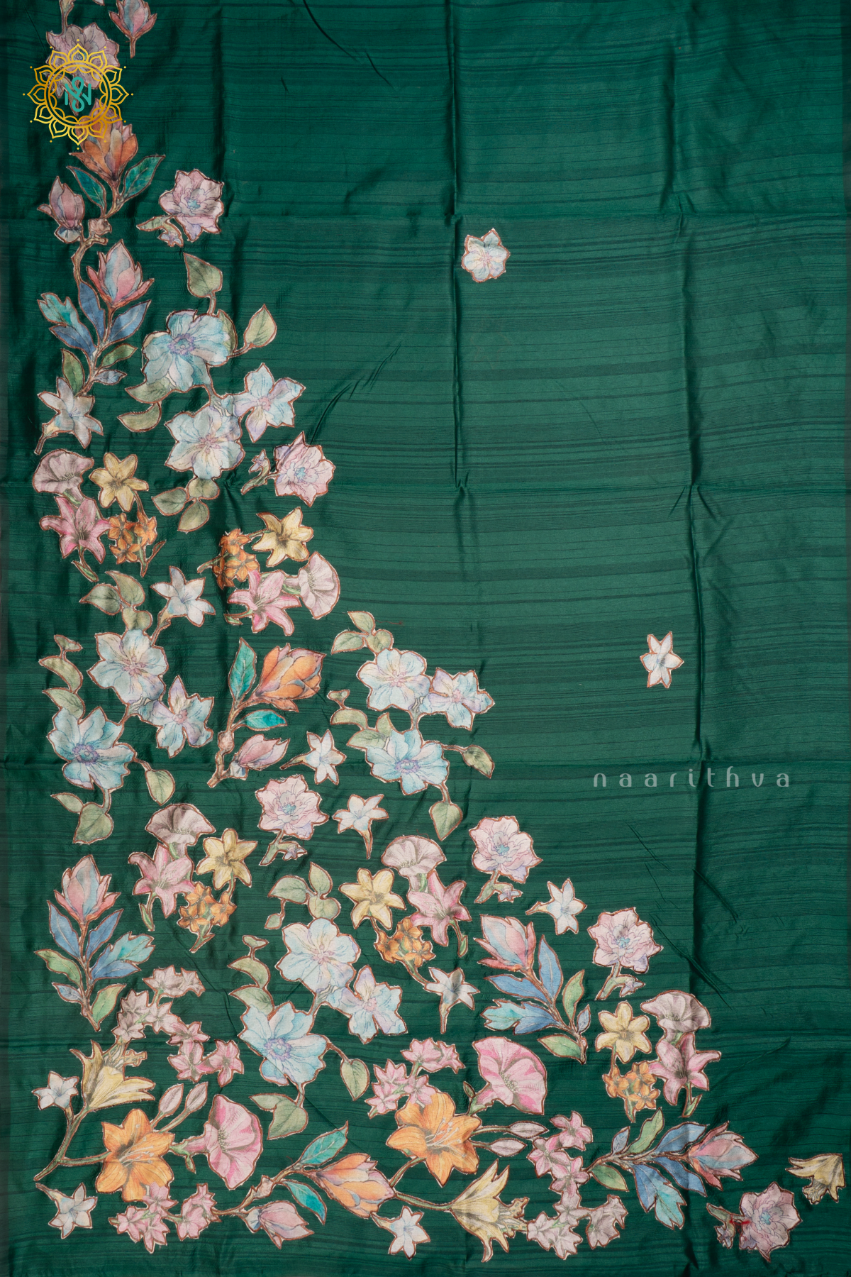 BOTTLE GREEN - SEMI TUSSAR SILK SAREE WITH APPLIQUE WORK AND DUAL BLOUSE