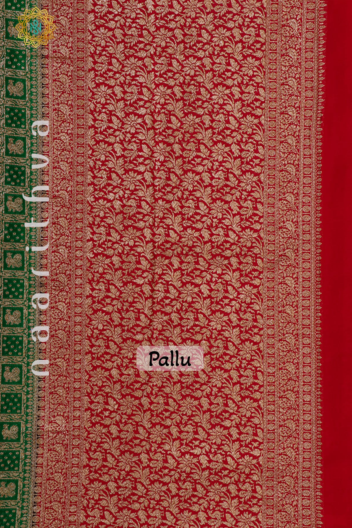 GREEN WITH RED - PURE HANDLOOM KHADDI GEORGETTE BANARAS