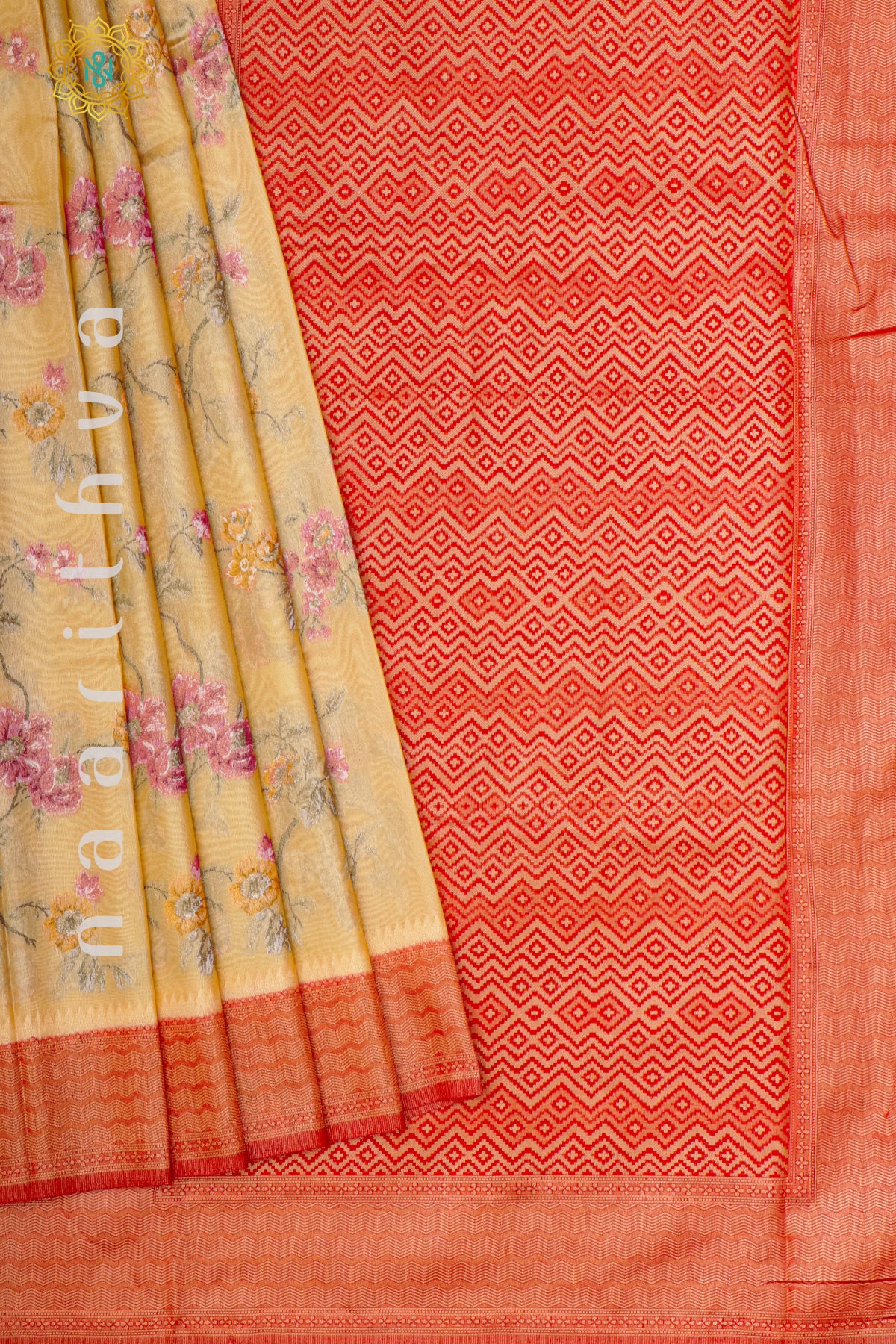 PEACH WITH RED - SEMI TISSUE SILK