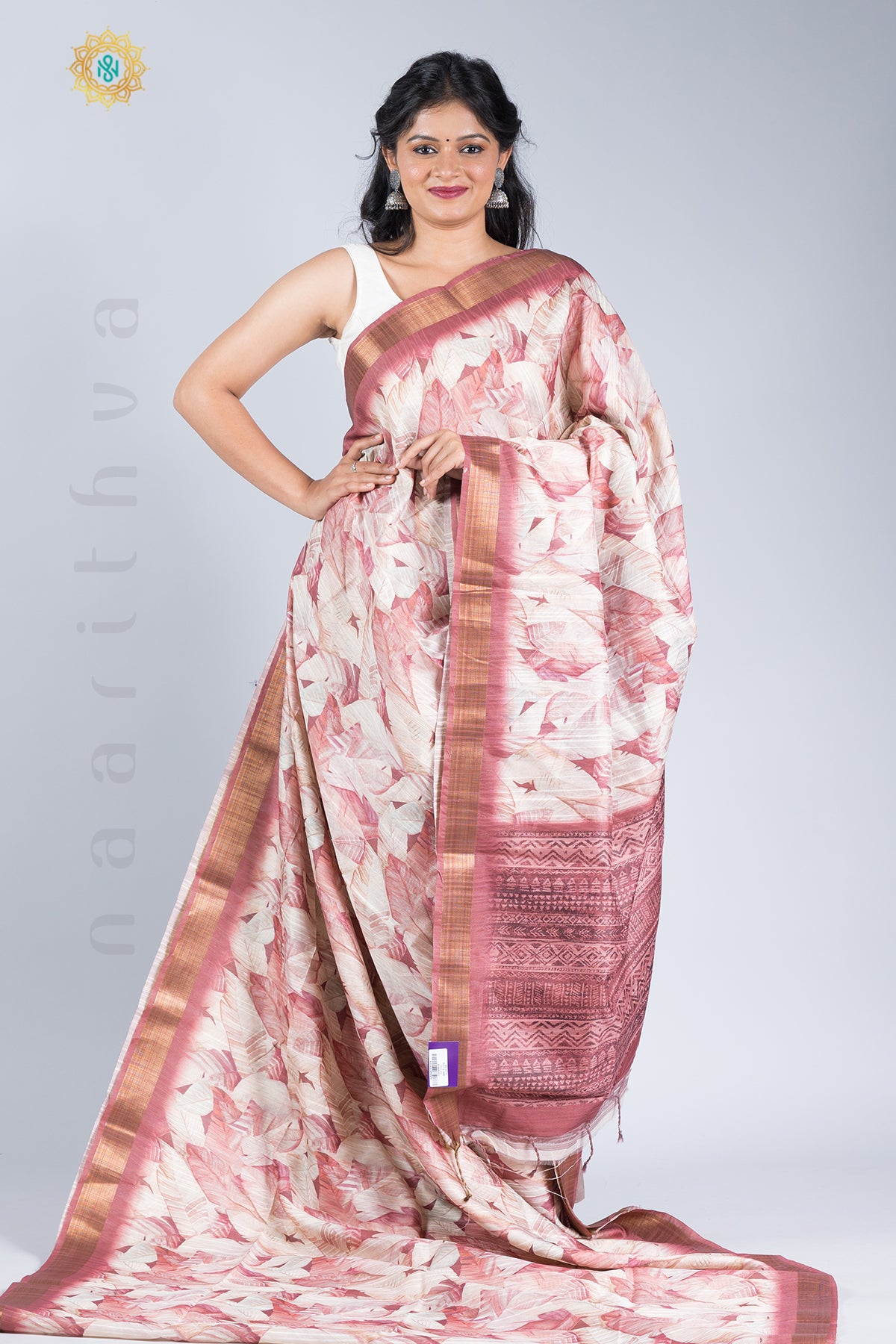 OFF WHITE WITH MAUVE - KOTHA LINEN WITH DIGITAL PRINTS ON THE BODY & TISSUE BORDER
