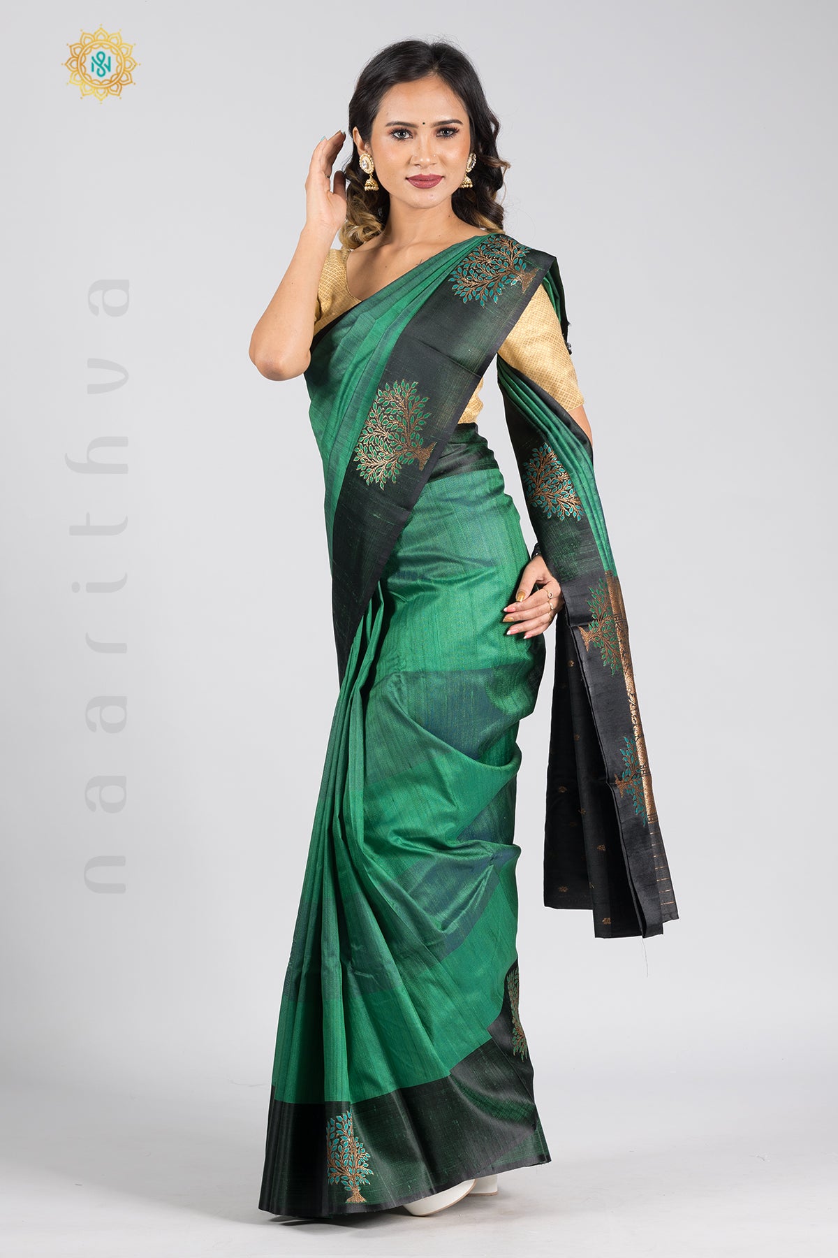 GREEN WITH BLACK - PURE TUSSAR SILK WITH THREAD WOVEN MOTIFS IN SATIN BORDER & ZARI WOVEN PALLU