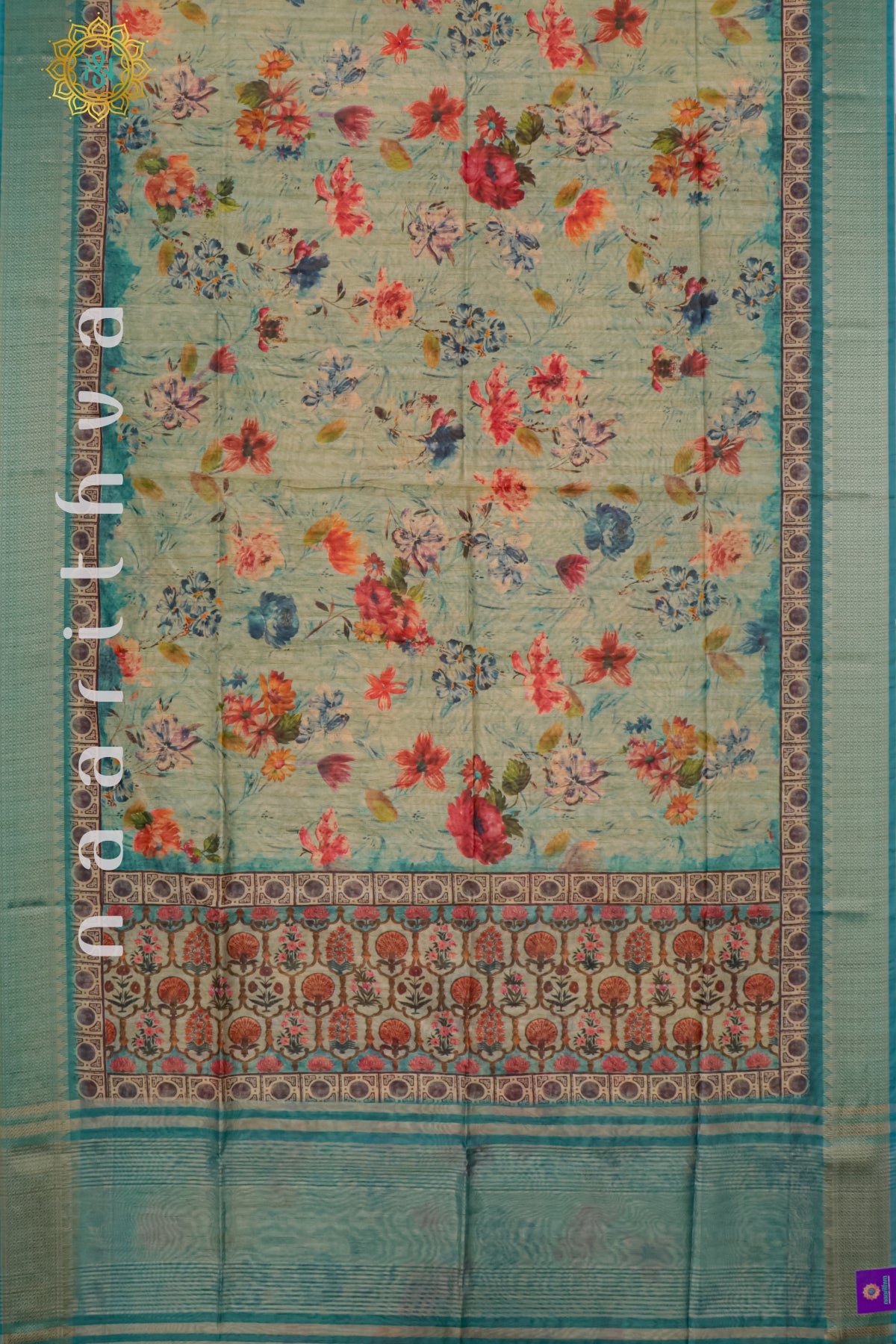 BEIGE WITH SKY BLUE - SEMI TUSSAR SILK