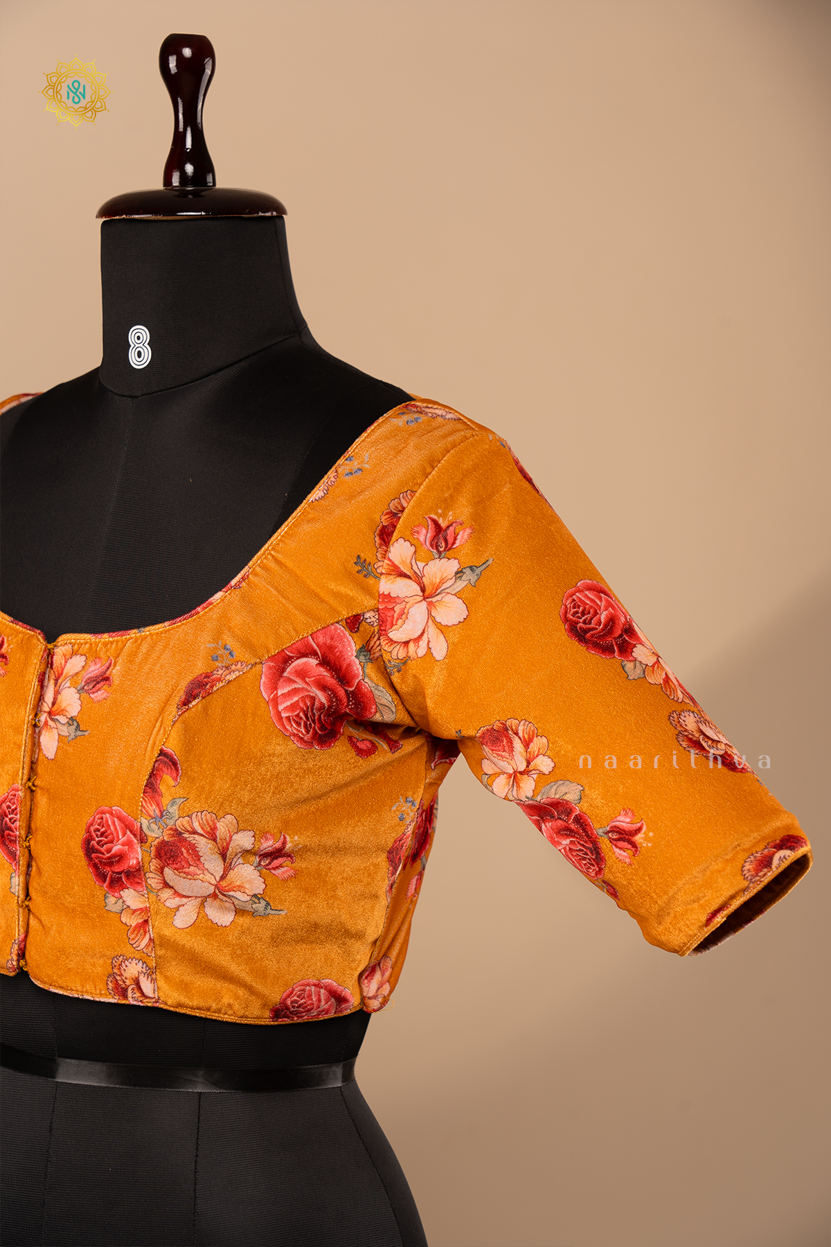 MUSTARD - VELVET READYMADE BLOUSE WITH DIGITAL PRINTS