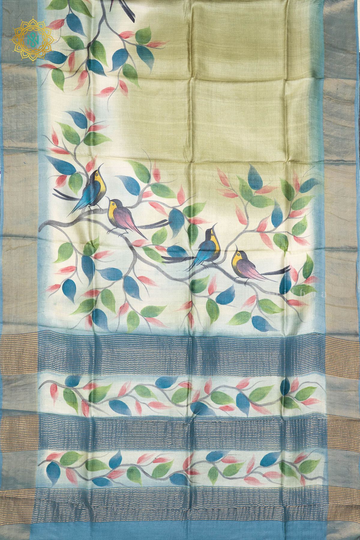 SAGE GREEN WITH AQUA BLUE - PURE TUSSAR SILK