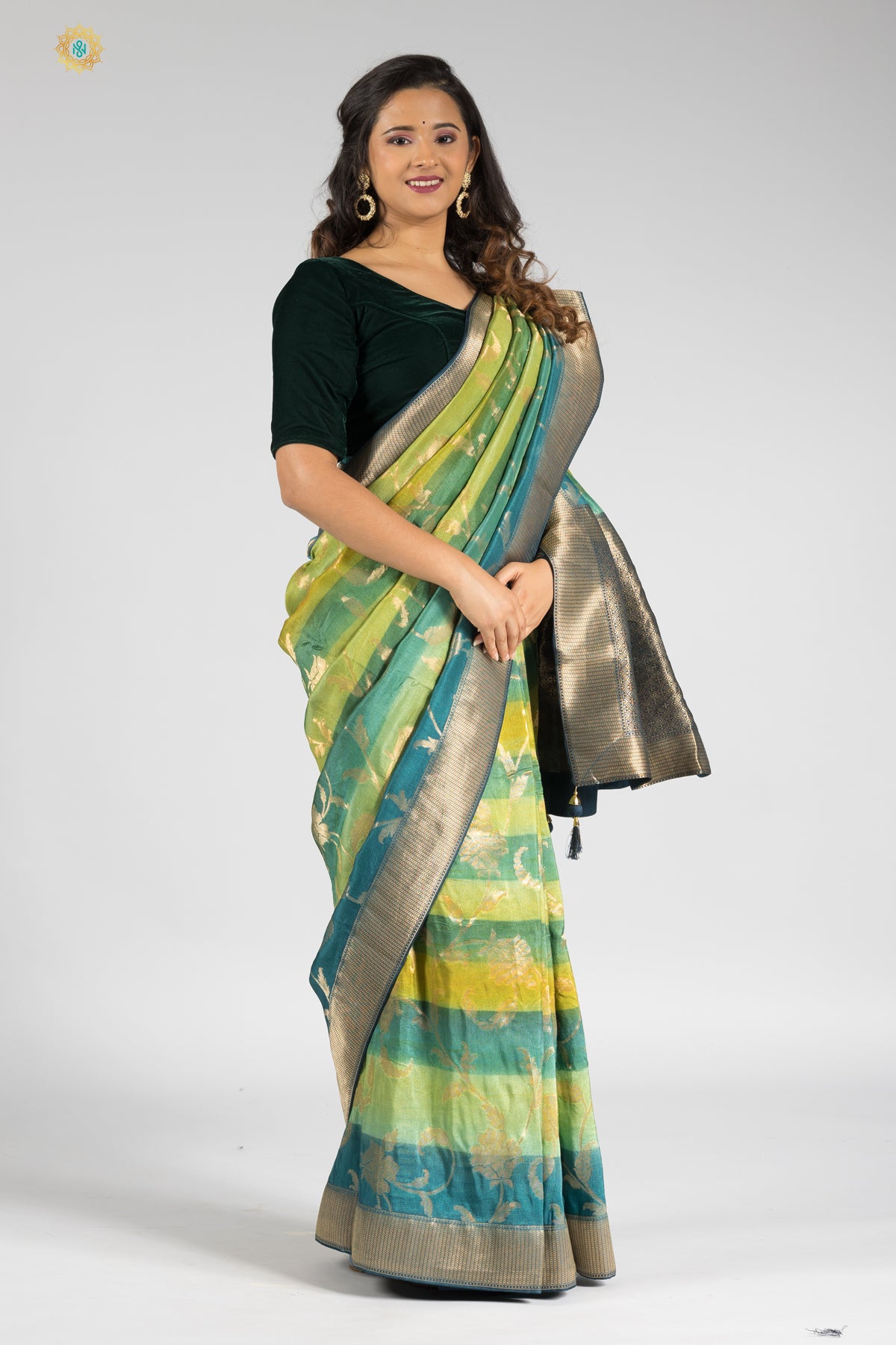 GREEN WITH BLUE - DESIGNER DOLA SILK WITH ZARI WEAVES & CONTRAST BLOUSE