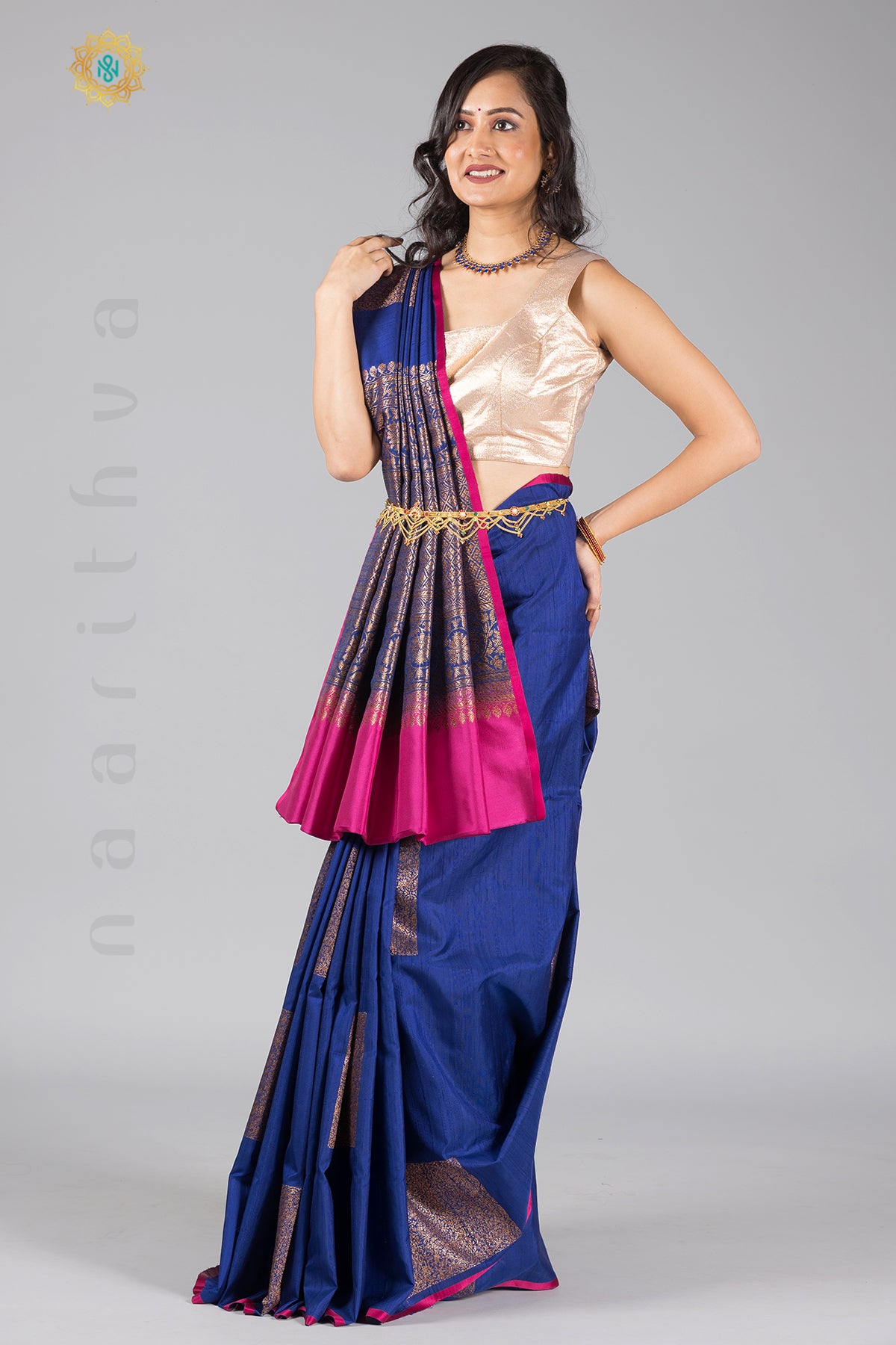 BLUE WITH PINK - PURE RAW SILK