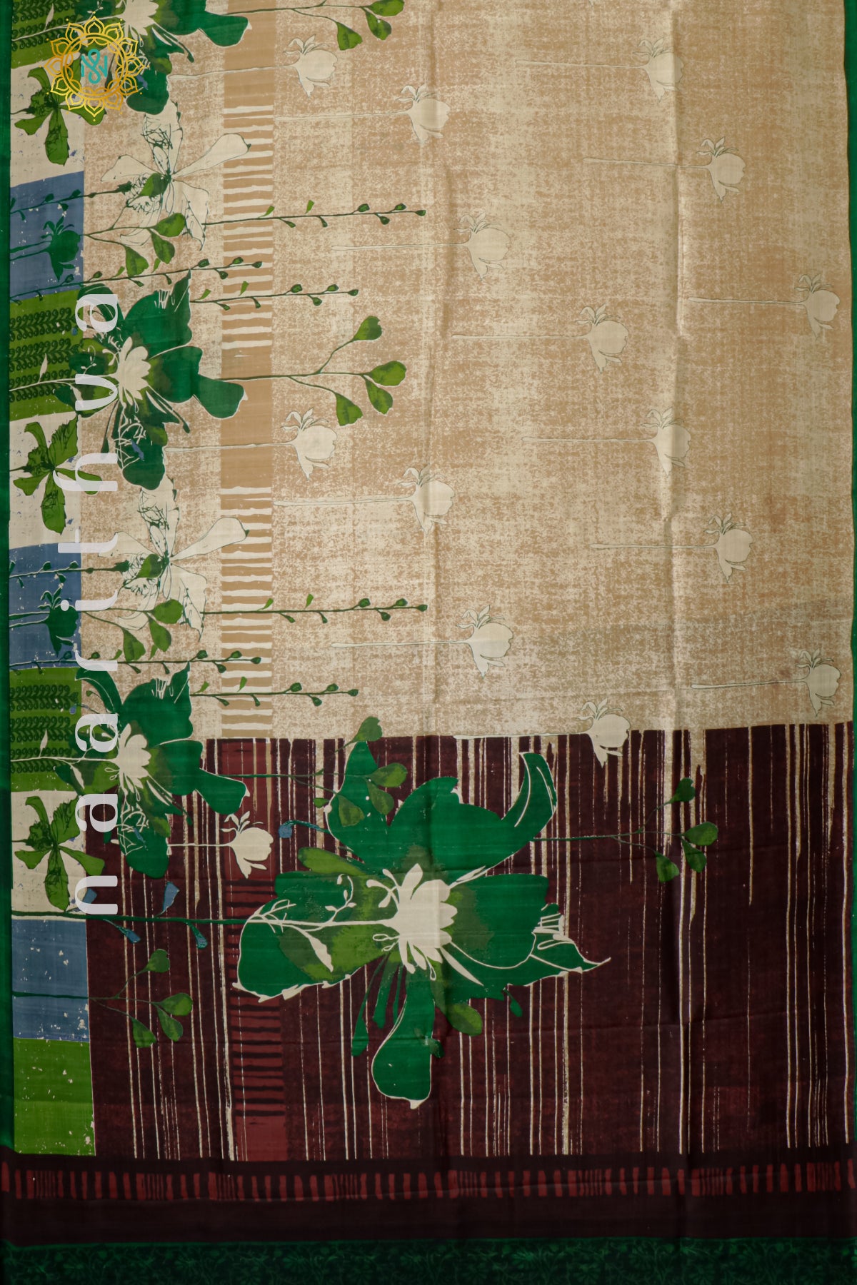 BIEGE WITH BROWN & GREEN - PURE MULBERRY SILK WITH DIGITAL PRINT