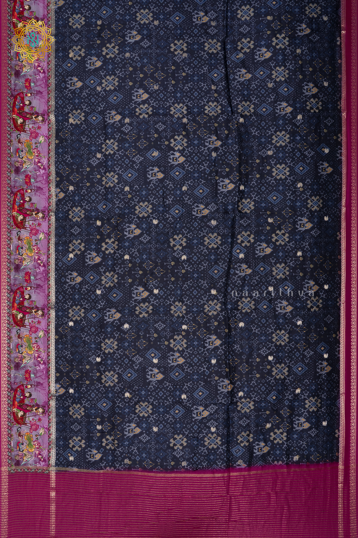 NAVY BLUE WITH PINK - SEMI CREPE SILK
