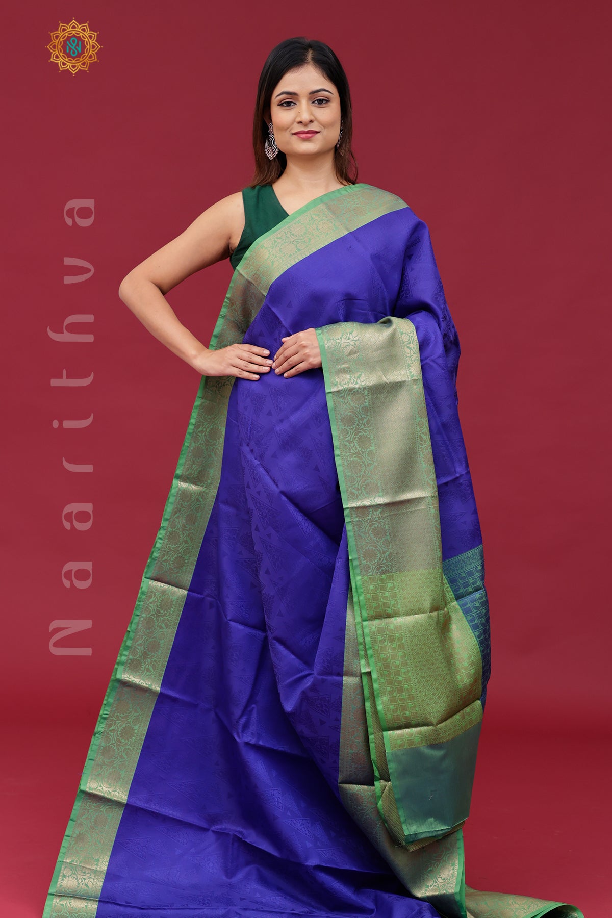 BLUE WITH GREEN - KORA TANCHOI SILK WITH CONTRAST BORDER