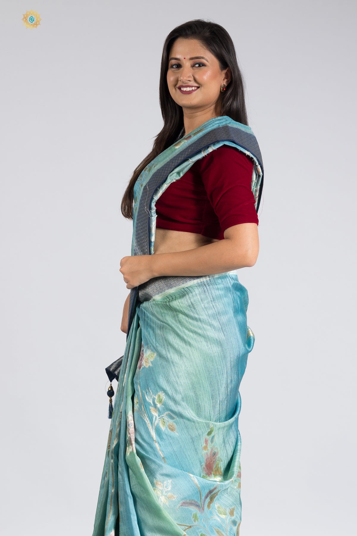 SEA GREEN - DOLA SILK WITH ZARI WOVEN MOTIFS IN HAND BRUSH