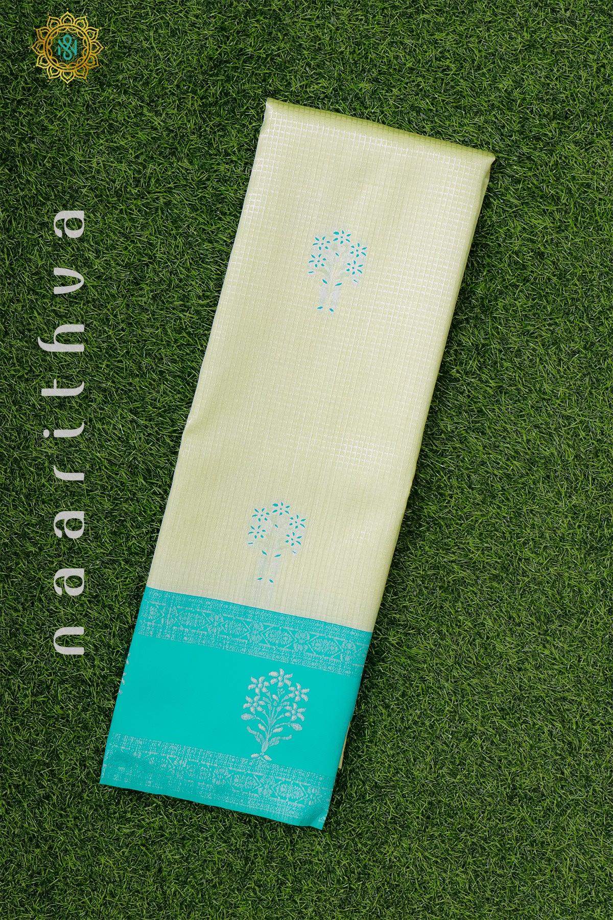 WHITE WITH CYAN GREEN - SEMI KANCHI