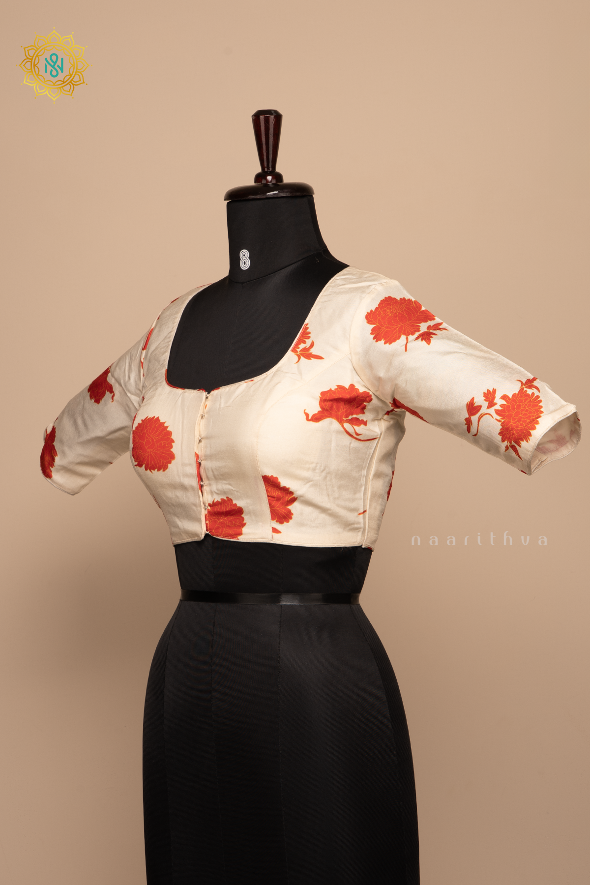 OFF WHITE WITH ORANGE - DOLA SILK READYMADE BLOUSE WITH FLORAL PRINTS