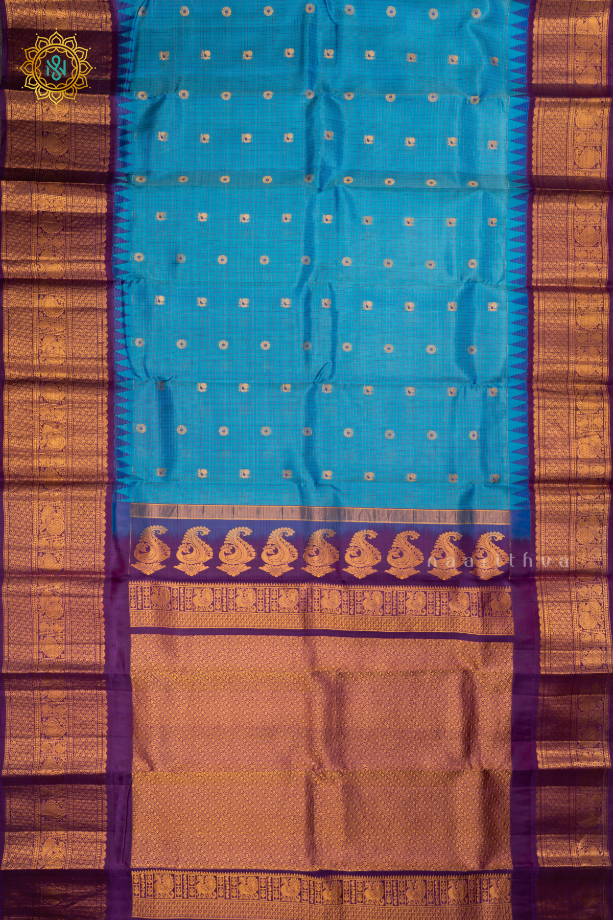 Blue With Purple Pure Gadwal Silk Saree With Zari Woven Buttas And Contrast Zari Border