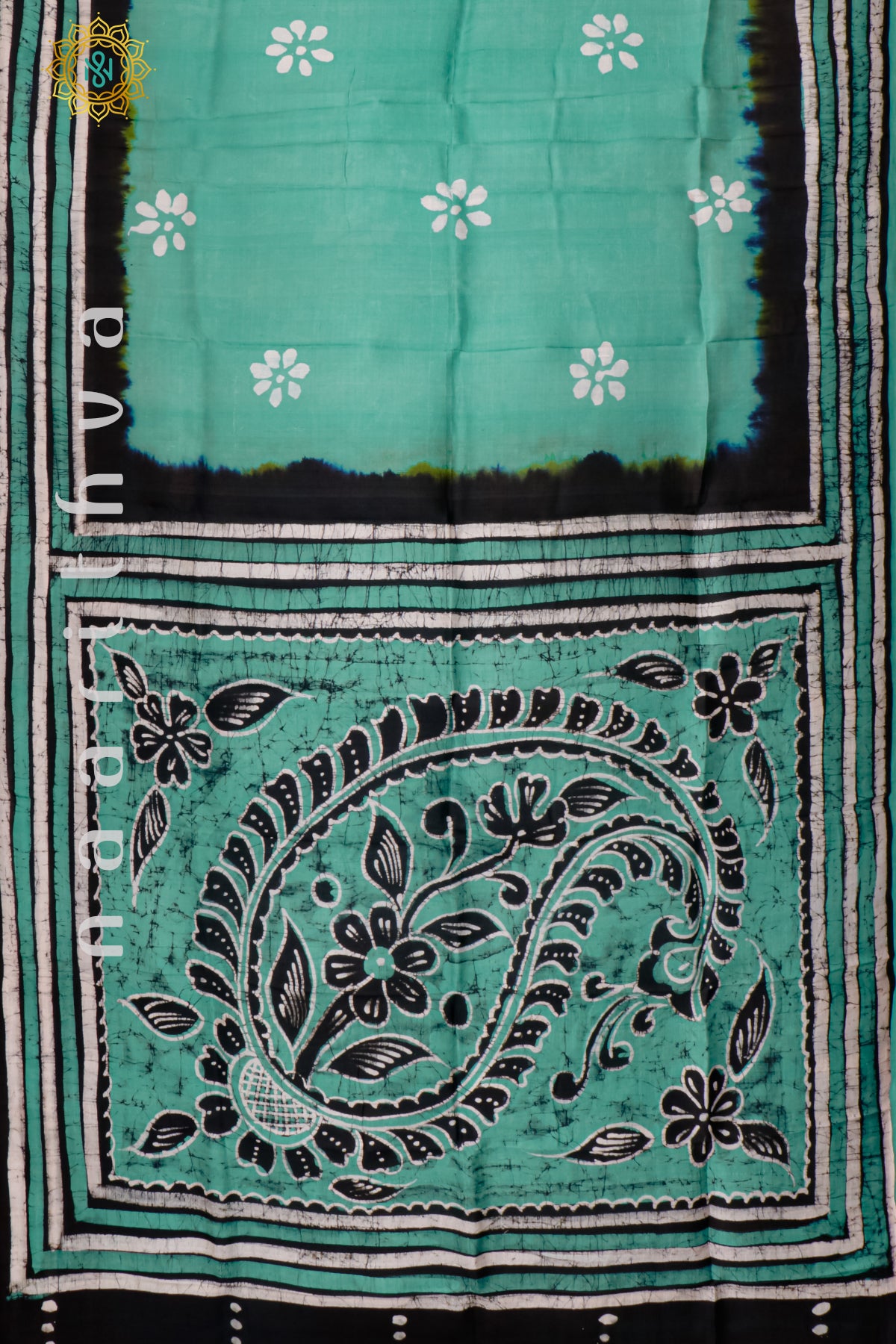 AQUA GREEN - PURE MULBERRY SILK WITH BLOCK PRINT