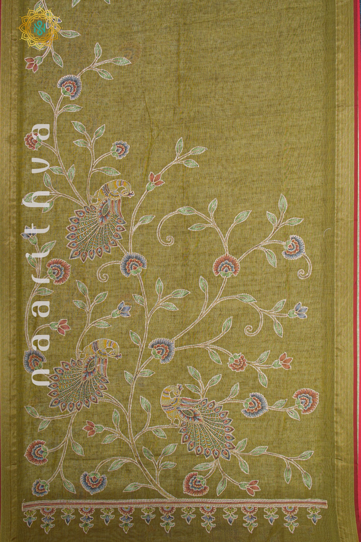 OLIVE GREEN - KALAMKARI LINEN TISSUE