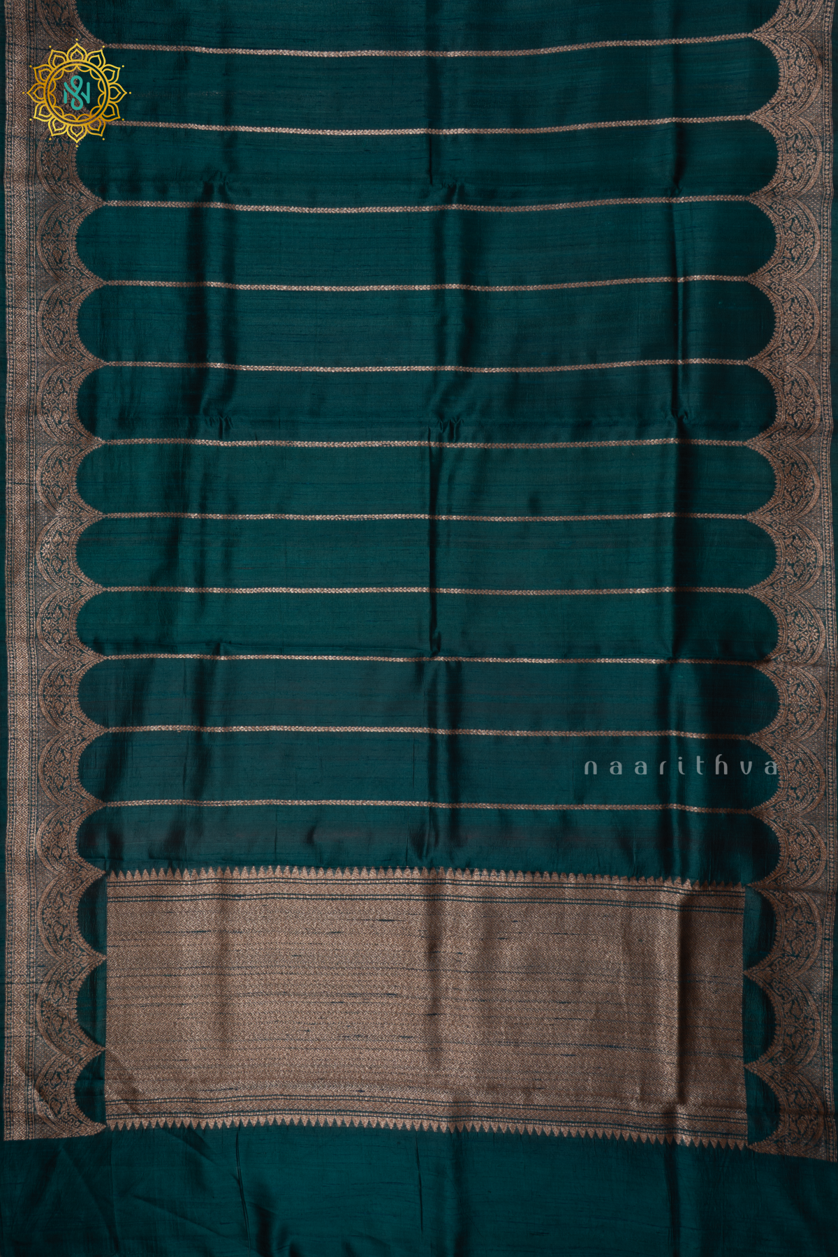 PEACOCK GREEN - PURE BANARASI RAW SILK SAREE WITH ALLOVER  ZARI STRIPES AND SCALLOP BORDER