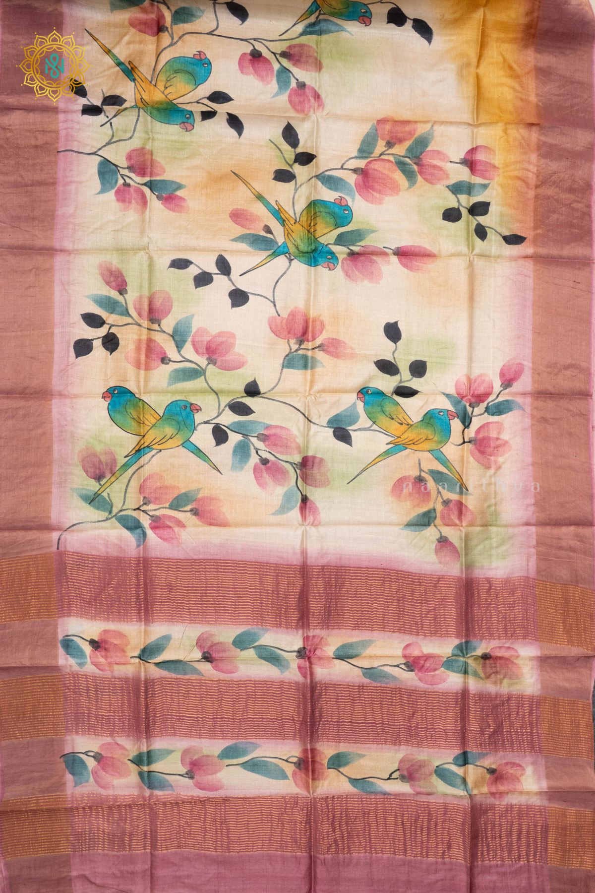 MUSTARD WITH LIGHT PINK - PURE TUSSAR SILK WITH HAND PAINTED