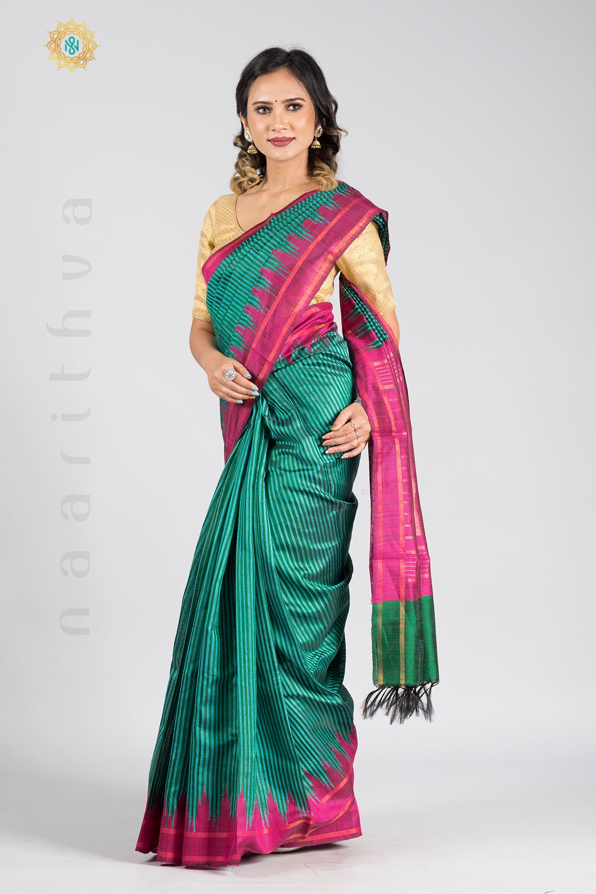 GREEN WITH PINK - PURE TUSSAR SILK WITH TEMPLE BORDER & CONTRAST BLOUSE
