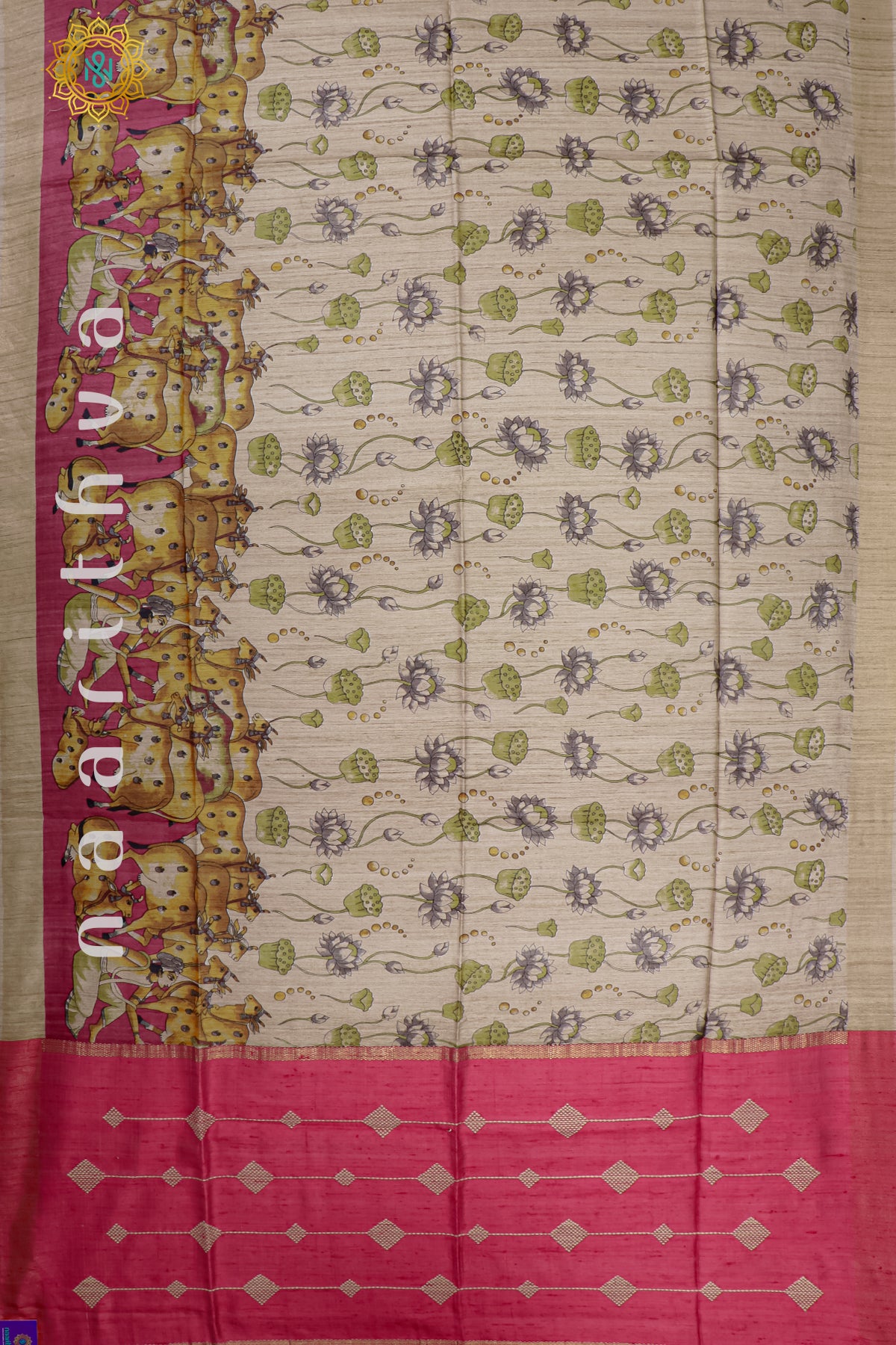 BIEGE WITH PINK - PURE TUSSAR SILK WITH PICHWAI PRINTS