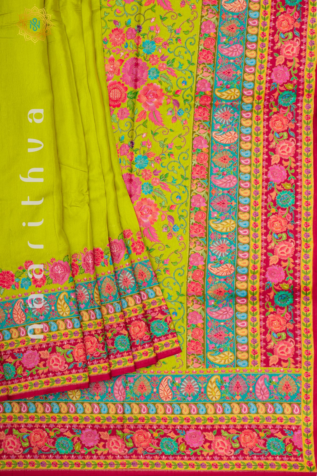 PARROT GREEN WITH PINK - SEMI CREPE SILK