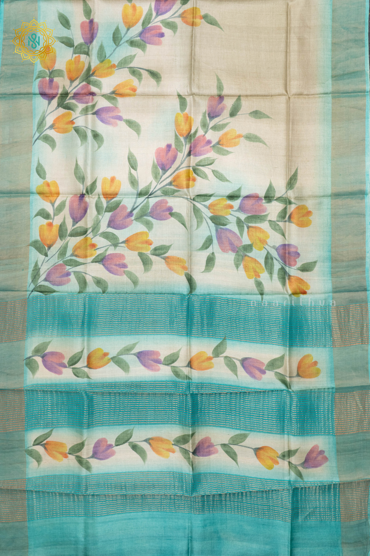 SAGE GREEN WITH AQUA GREEN - PURE TUSSAR SILK WITH HAND PAINTED