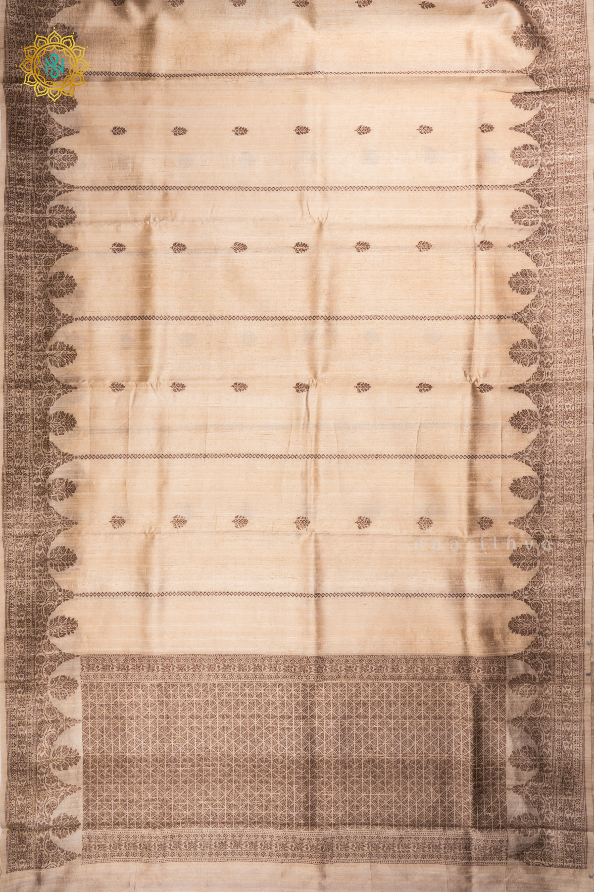 Off White with Red Pure Banarasi Raw Silk Saree With Allover Zari Stripes, Buttas And Scallop Border