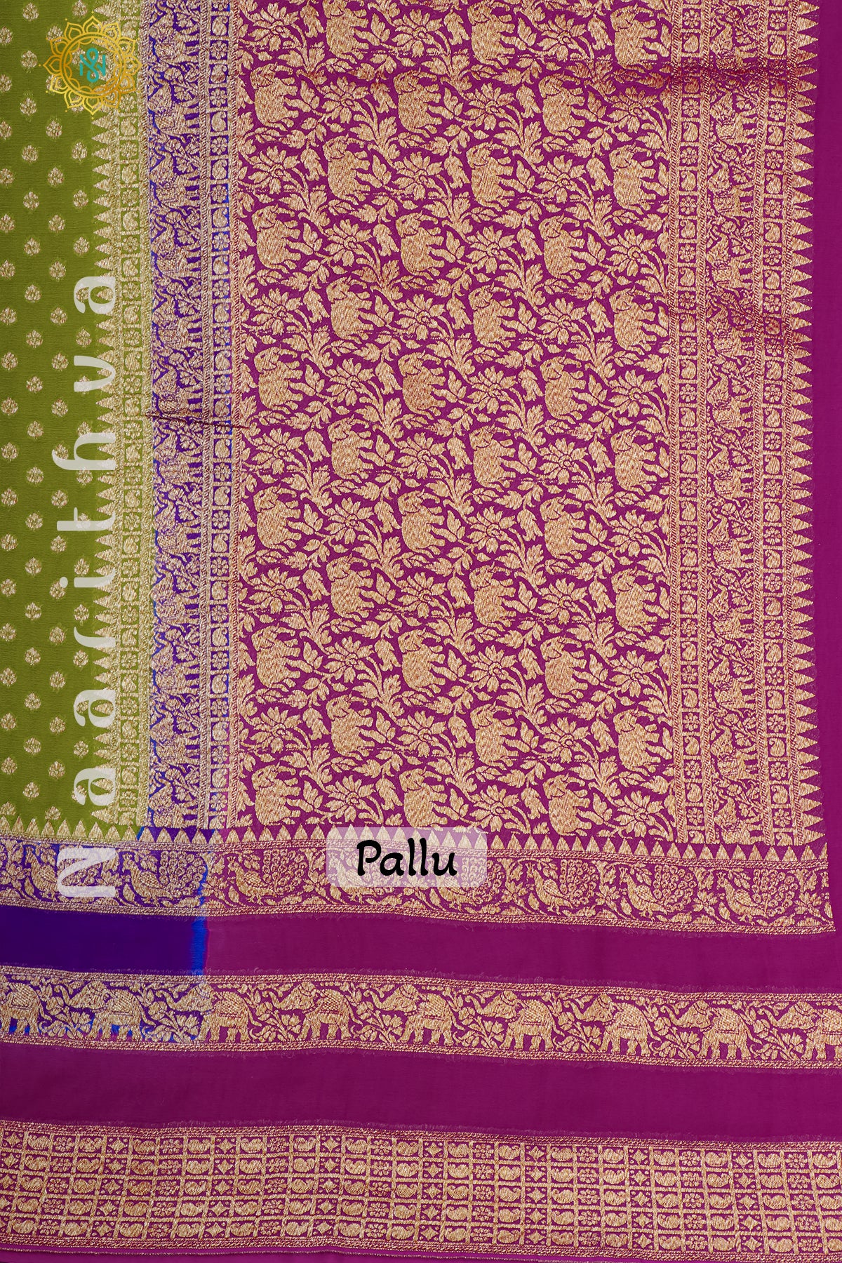 PARROT GREEN WITH PURPLE & PINK - PURE HANDLOOM KHADDI GEORGETTE BANARAS