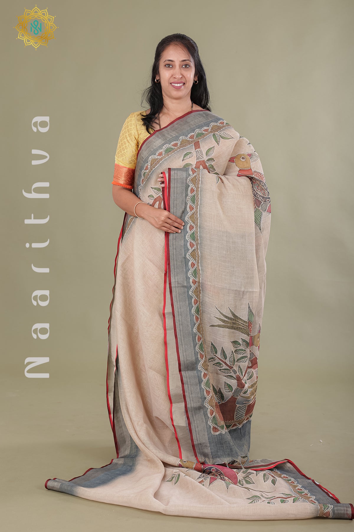 BEIGE WITH GREY - LINEN TISSUE WITH EMBROIDERY
