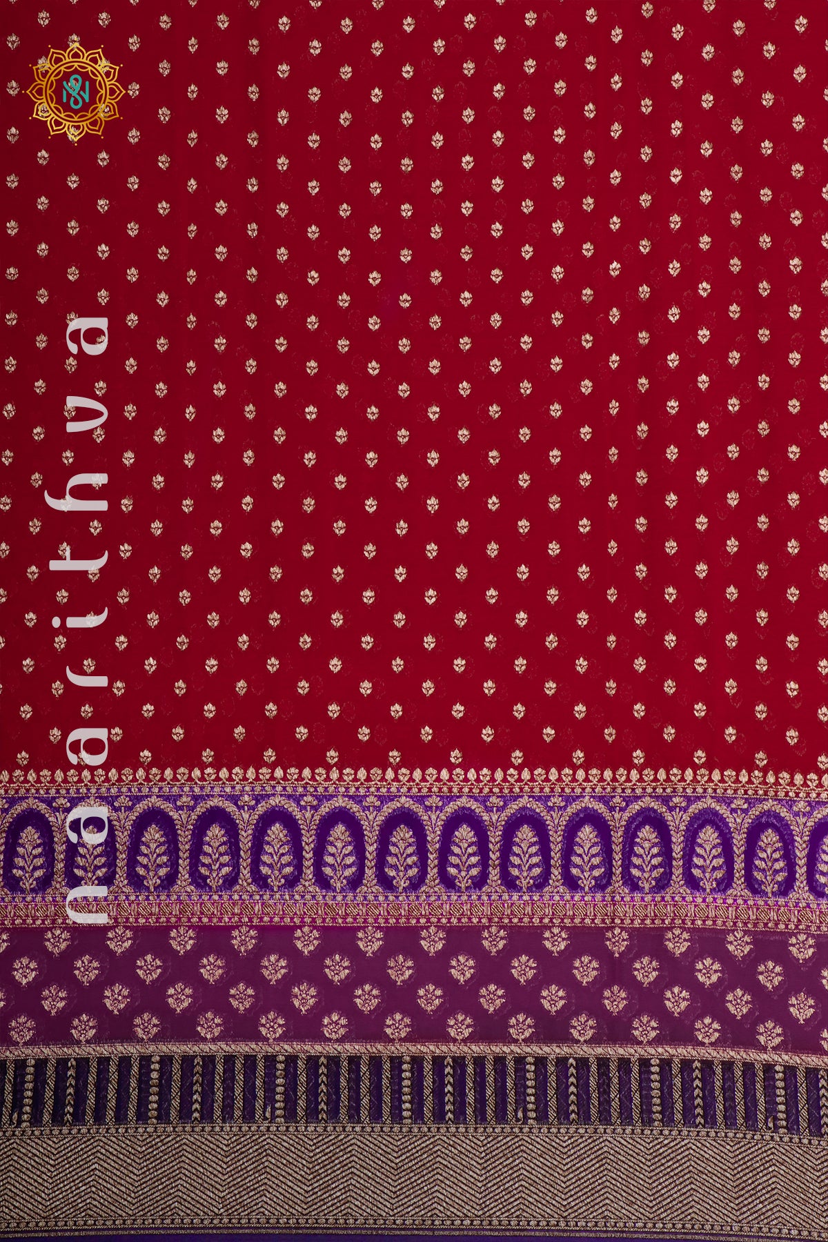 RED WITH PURPLE, PINK & NAVY BLUE - PURE HANDLOOM KHADDI GEORGETTE BANARAS