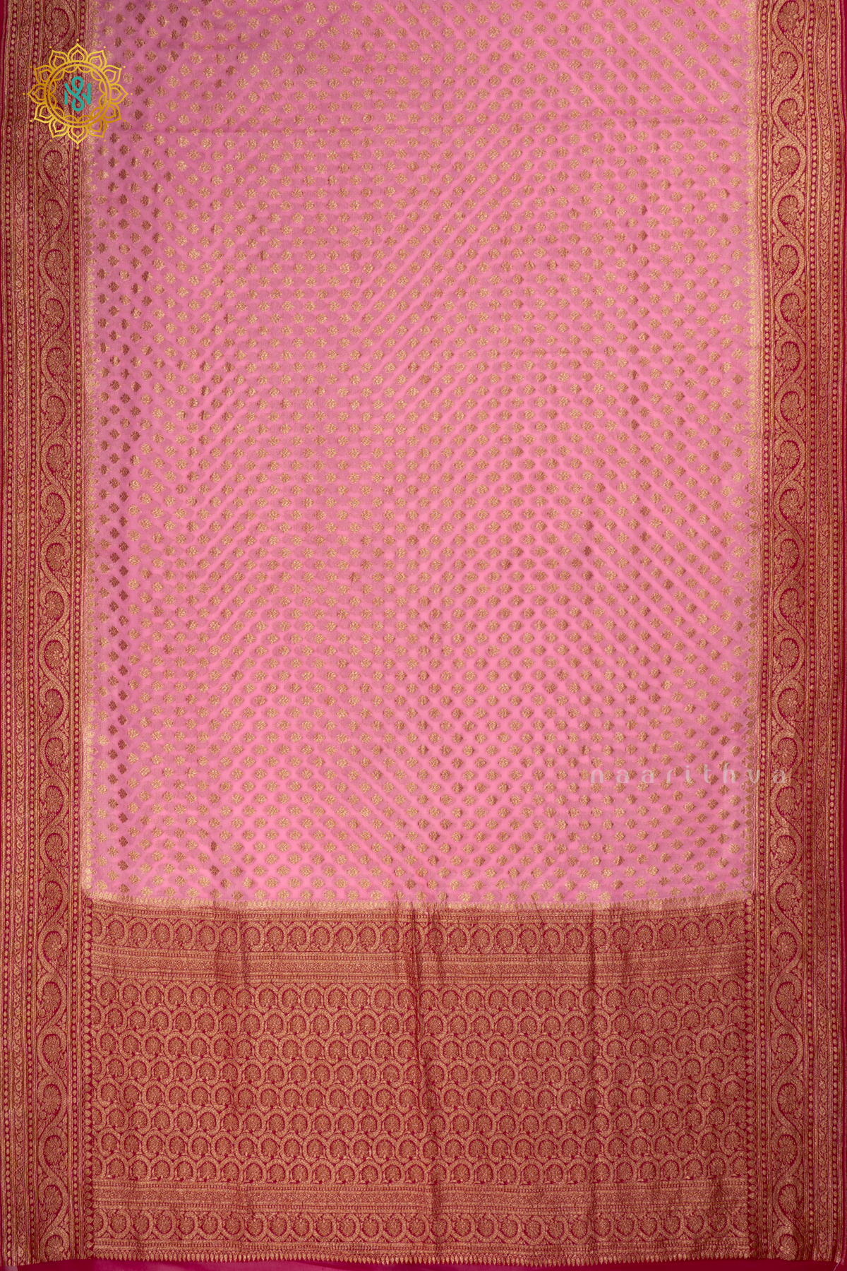 Light Pink With Magenta Pure Banarasi Khaddi Georgette Saree Allover Zari Woven Buttas And  Contrast Zari Woven Border