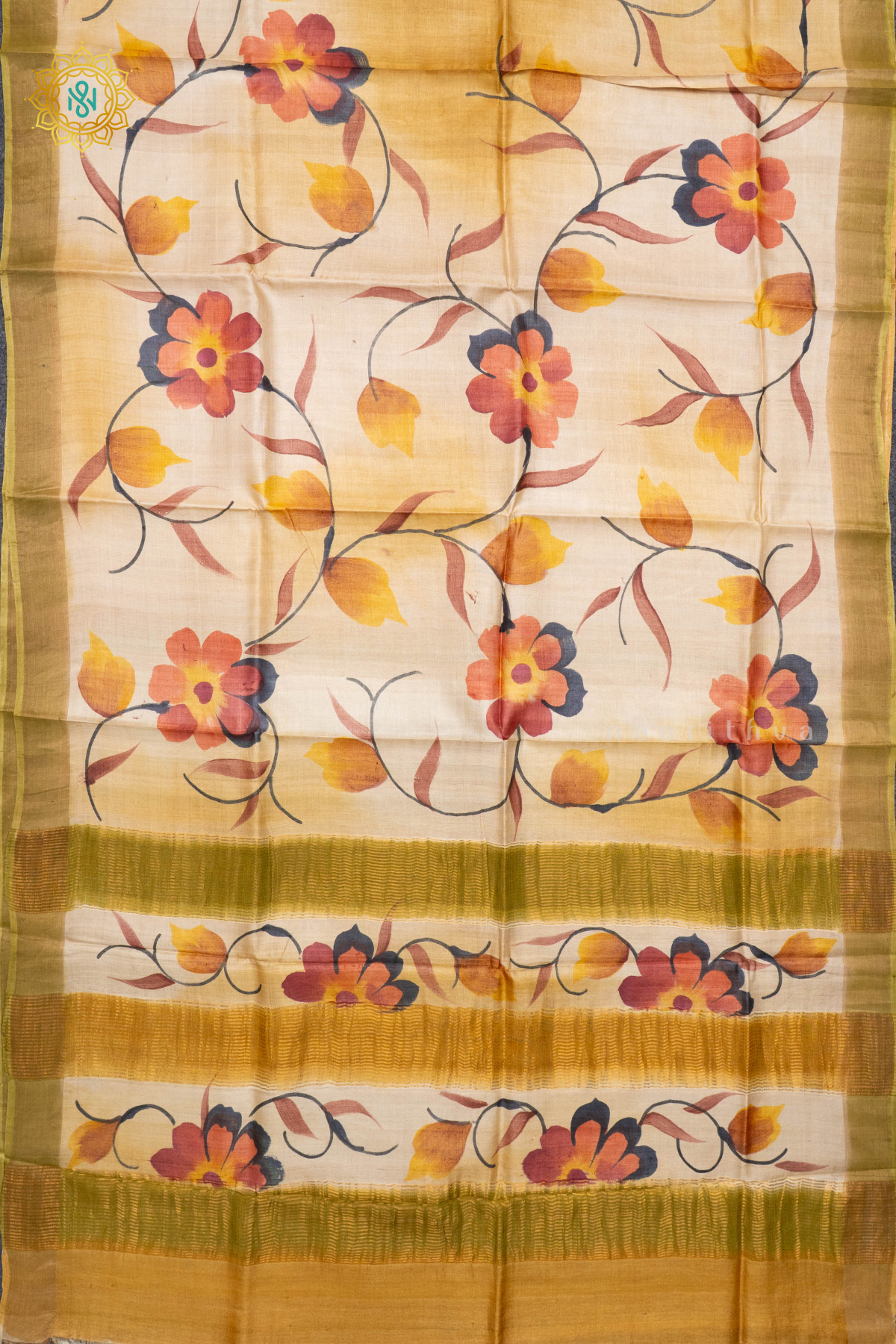 MUSTARD WITH LIGHT GREEN - PURE TUSSAR SILK WITH HAND PAINTED
