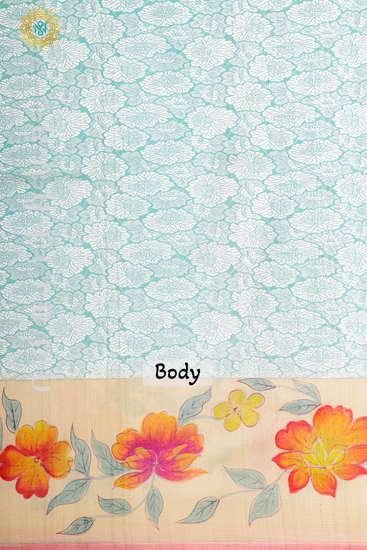 AQUA BLUE WITH BEIGE & PEACH - PURE HAND PAINTED TUSSAR GEORGETTE