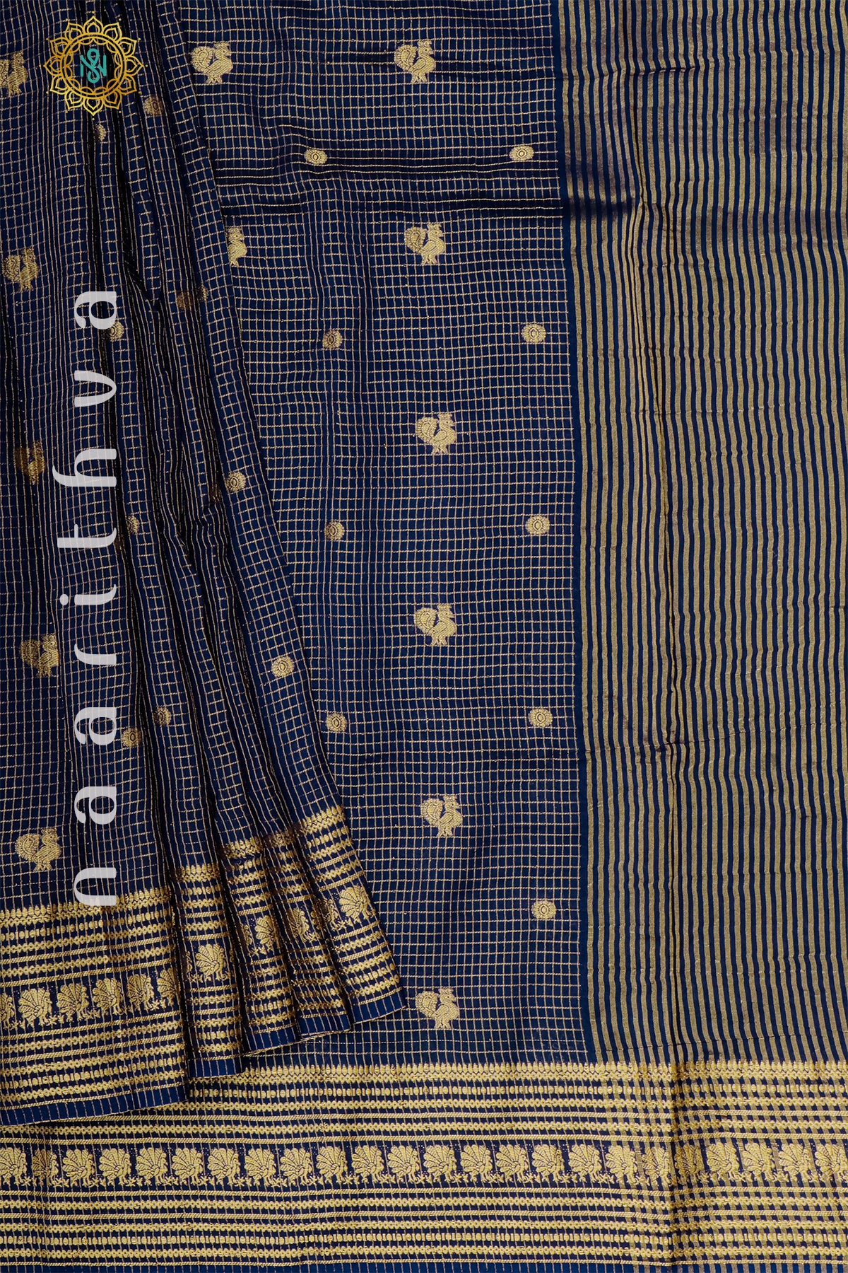 NAVY BLUE WITH AQUA GREEN - DOLA SILK