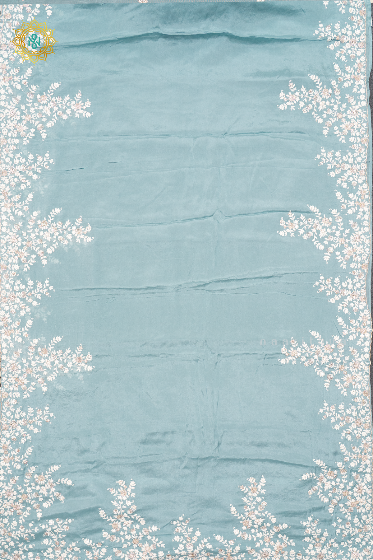 AQUA BLUE - CRPE PARTY WEAR SAREE WITH READYMADE BLOUSE