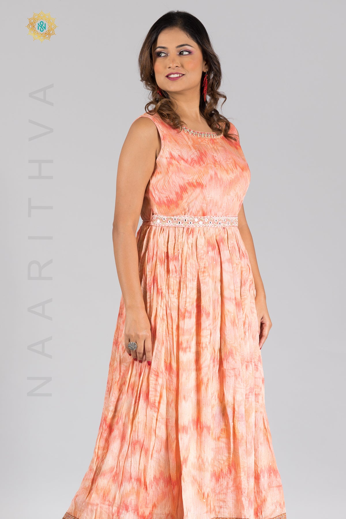 PEACH - PARTY WEAR GOWN WITH NECK LINE HAND WORK & DUPATTA