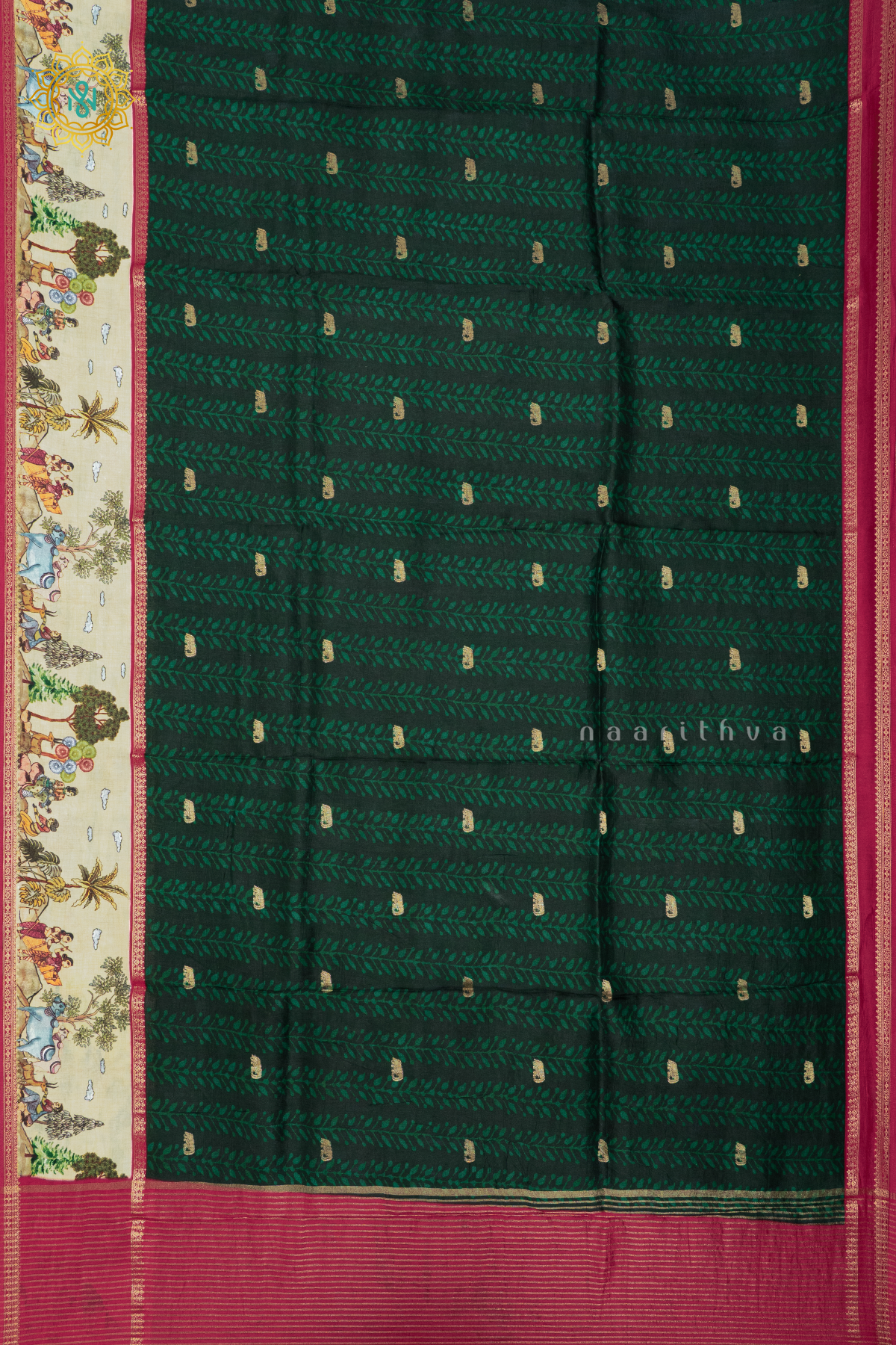 BOTTLE GREEN WITH RED - SEMI CREPE SILK