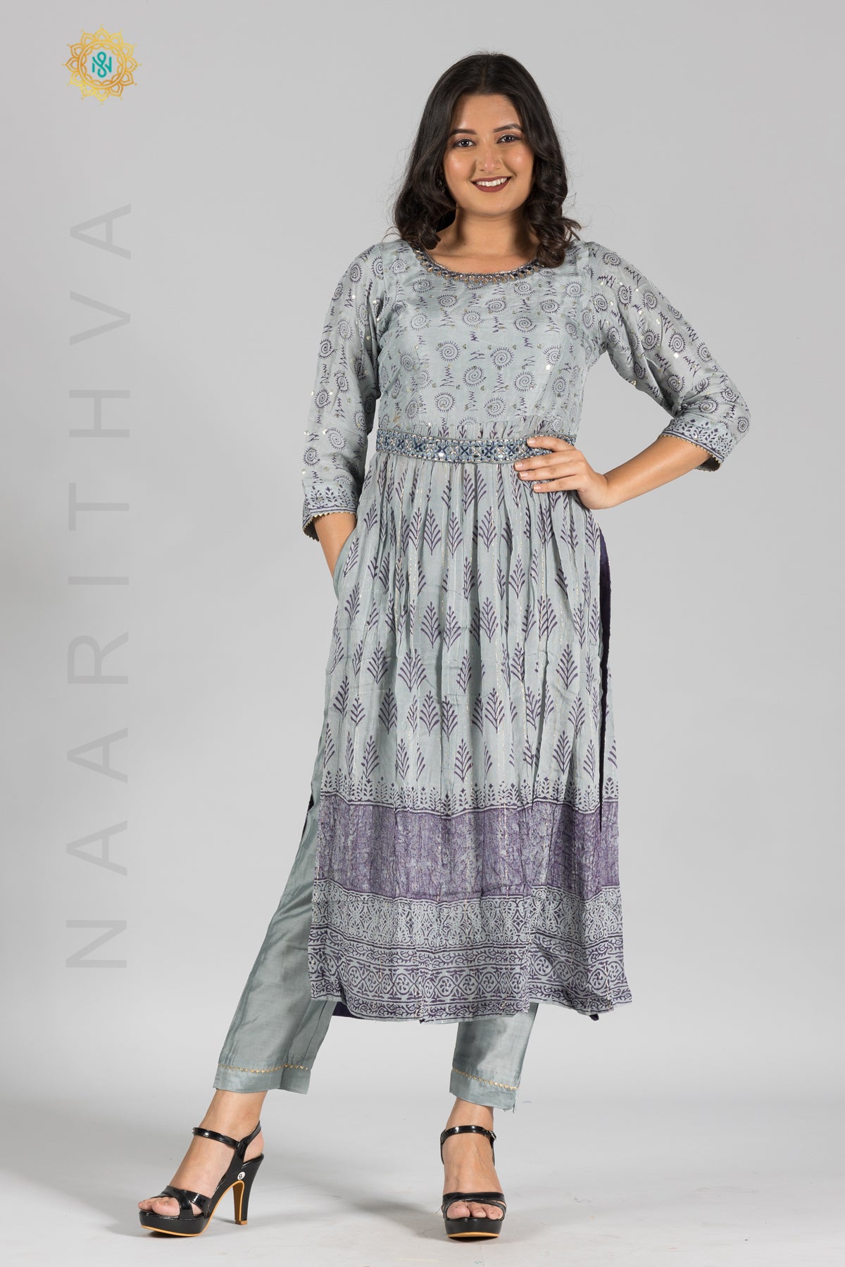 GREY - PRINTED NAYRA CUT SALWAR SUIT WITH STRAIGHT CUT PANT & DUPATTA