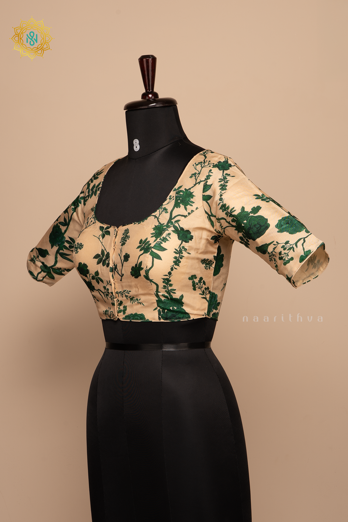 Beige With Green - Dola Silk Readymade Blouse With Floral Prints