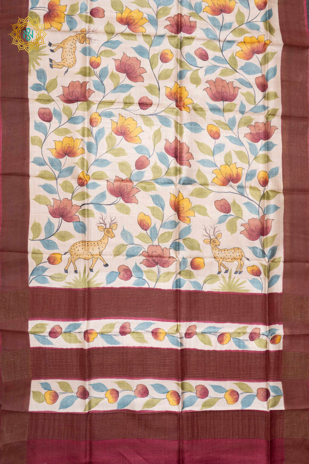 MUSTARD WITH PINK - PURE TUSSAR SILK WITH HAND PAINTED
