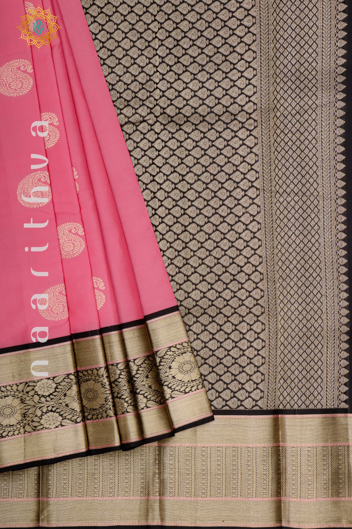 PEACHISH PINK WITH BLACK - PURE KANJIVARAM SILK