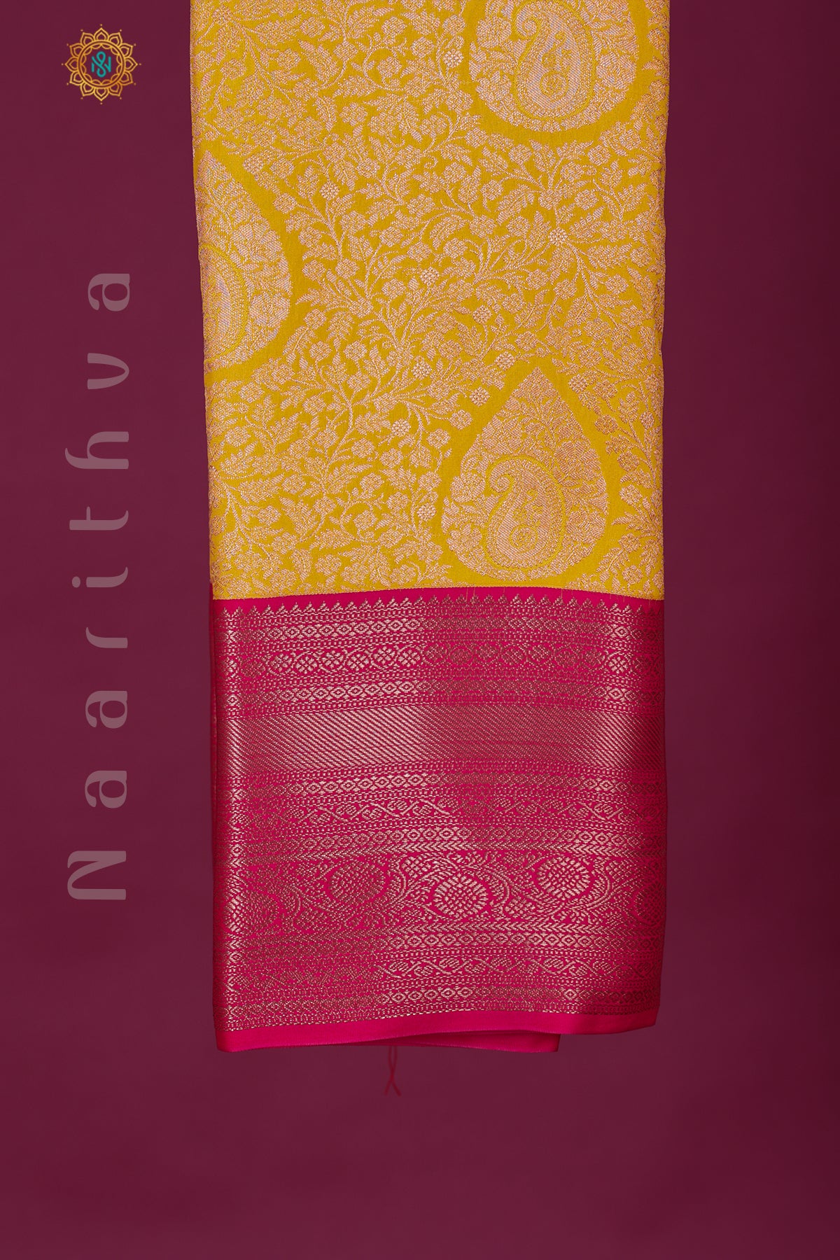 YELLOW WITH PINK - SEMI KANCHI BROCADE WITH CONTRAST BORDER