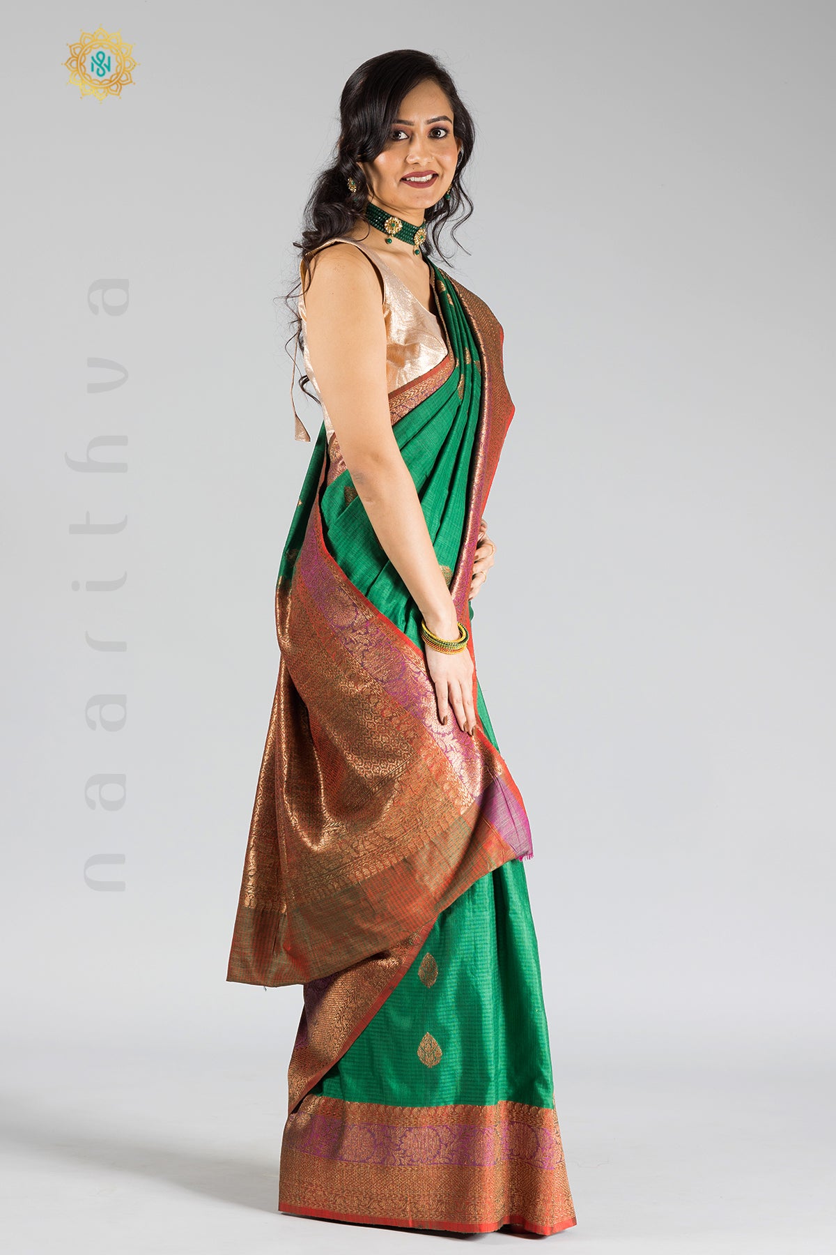 GREEN - PURE MATKA DUPION SILK WITH ZARI WOVEN BUTTA & CONTRAST BLOUSE