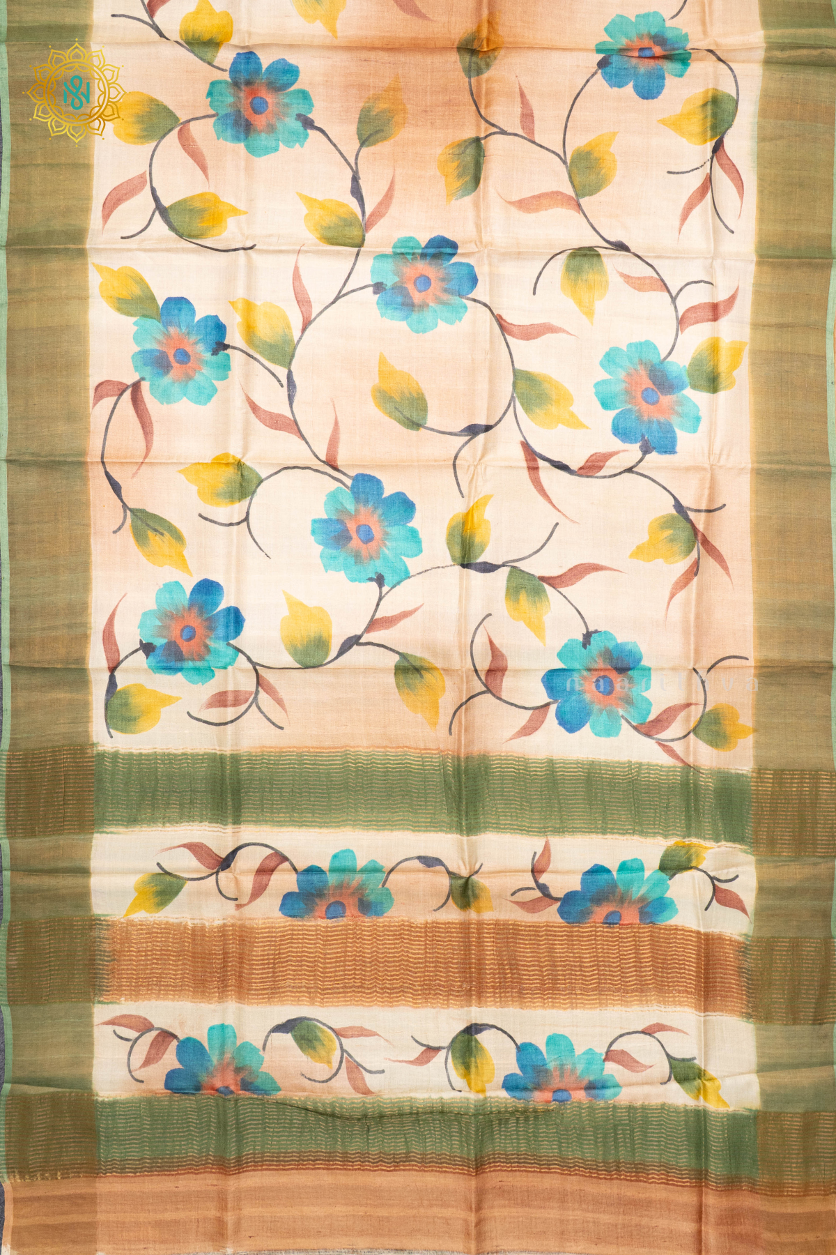 LIGHT BROWN WITH SAGE GREEN - PURE TUSSAR SILK WITH HAND PAINTED