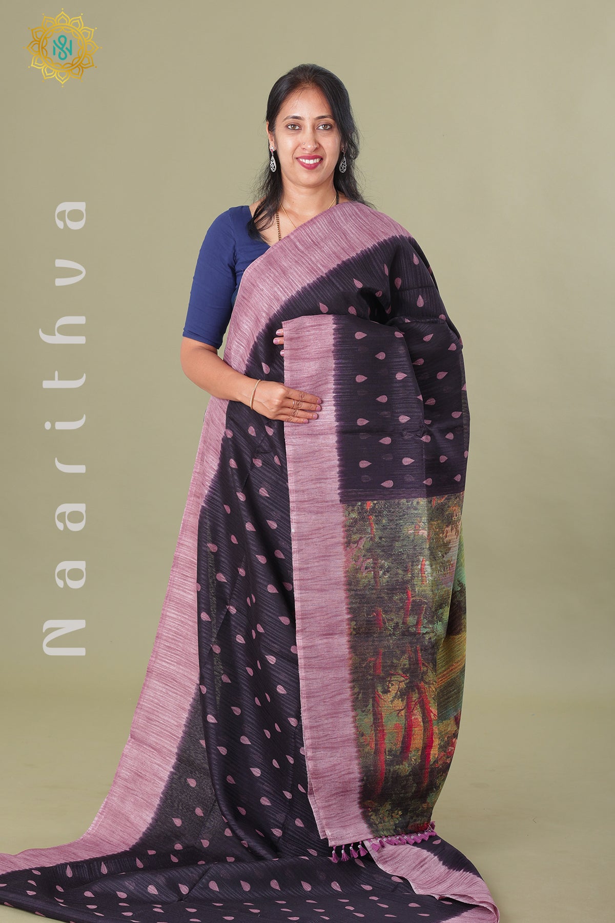 Violet colour Graphic print semi jute Saree