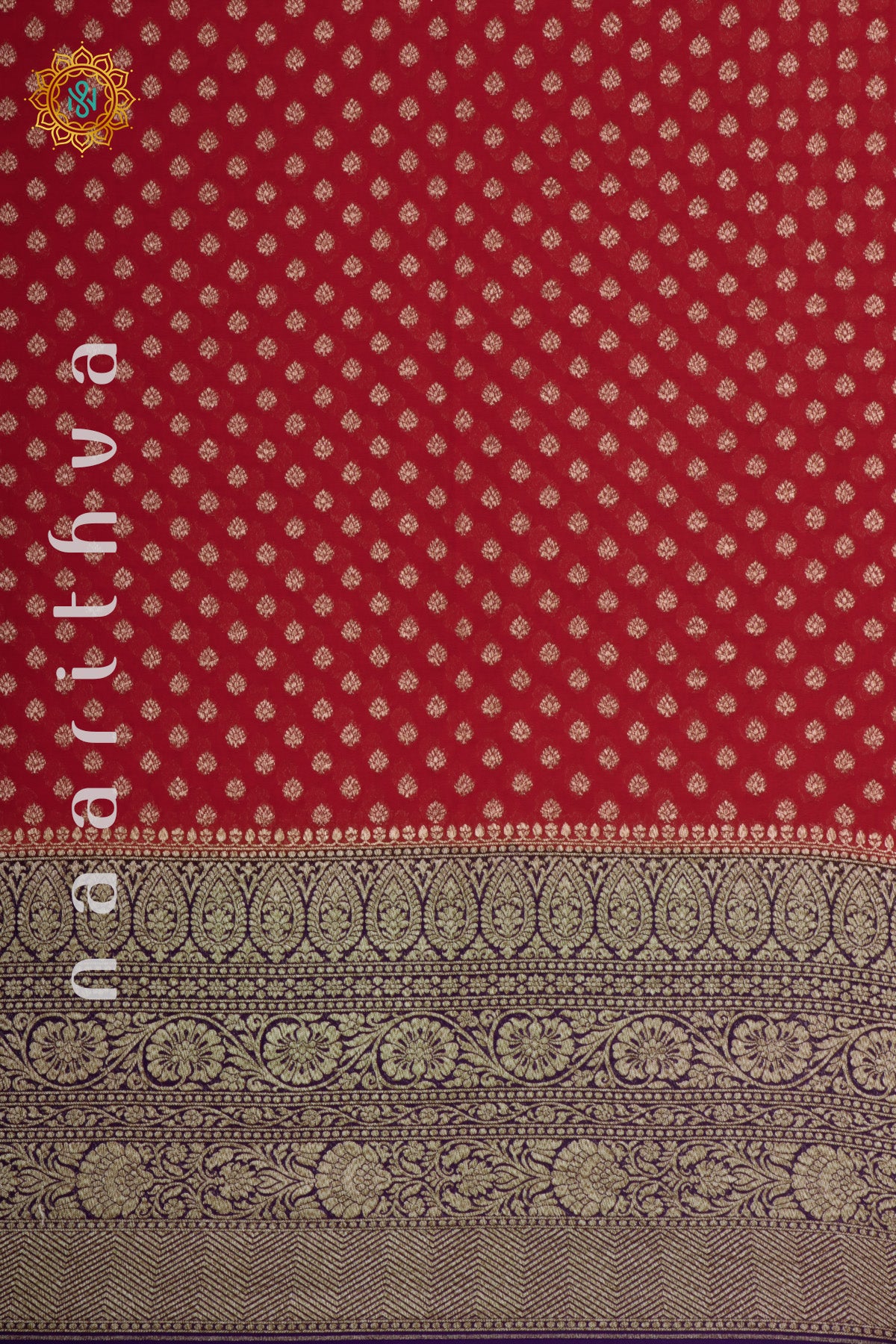 RED WITH NAVY BLUE - PURE HANDLOOM KHADDI GEORGETTE BANARAS