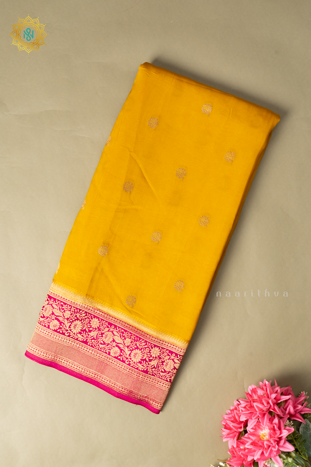 Yellow with Pink Pure Mix Banarasi Crepe Saree with Zari Buttas, Contrast Zari Border & Pallu